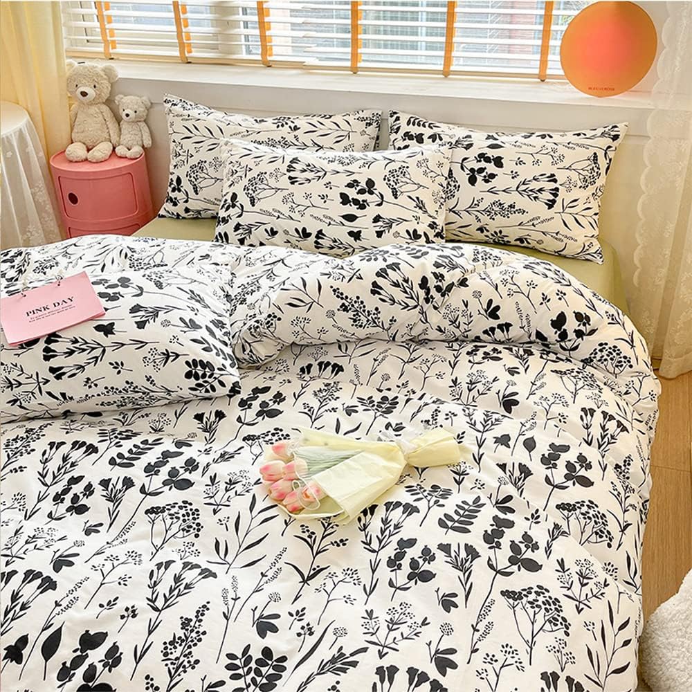 Wellboo Juego de edredón botánico tamaño King, ropa de cama floral en blanco y negro, colcha de algodón para niñas y mujeres, ropa de cama bohemia