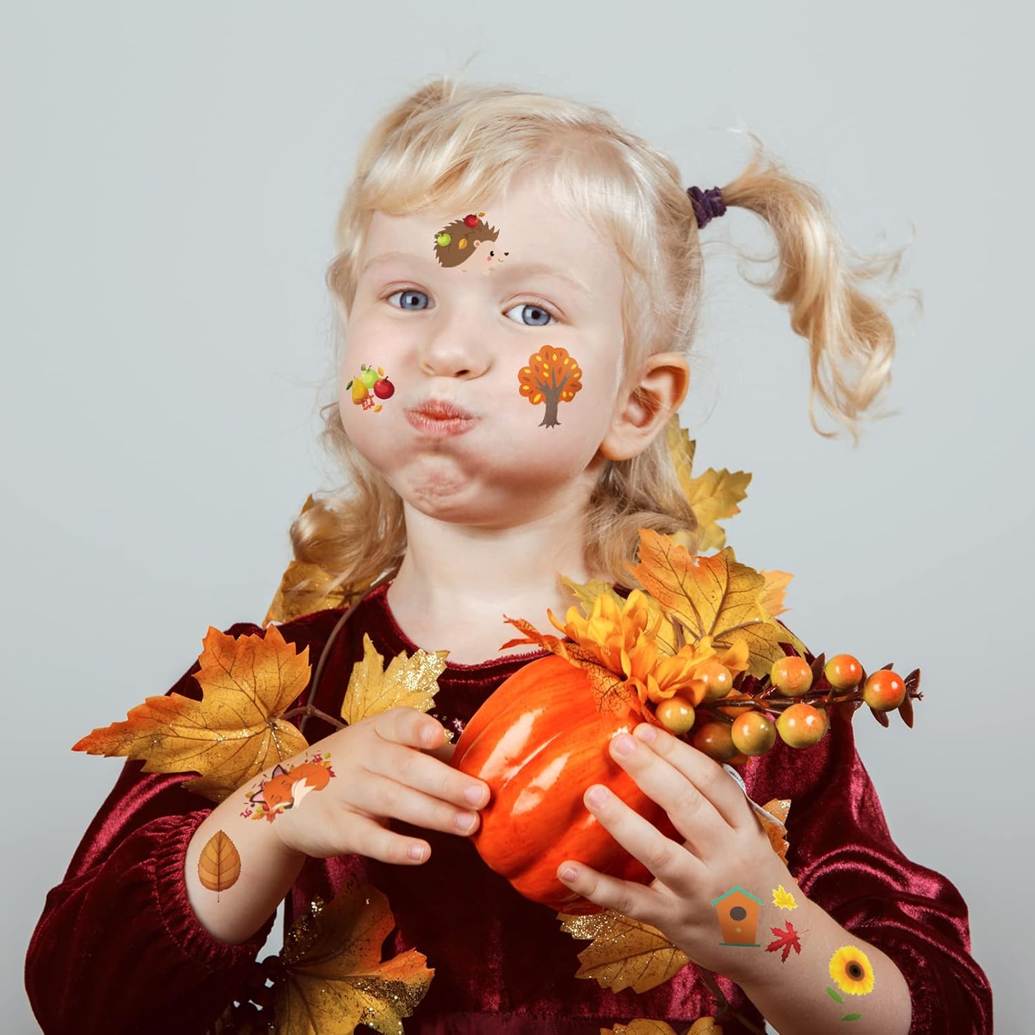 Ferraycle 292 tatuajes temporales de otoño para niños, tatuajes falsos de Acción de Gracias, tatuajes de otoño para niños, calabaza, pavo, arce,