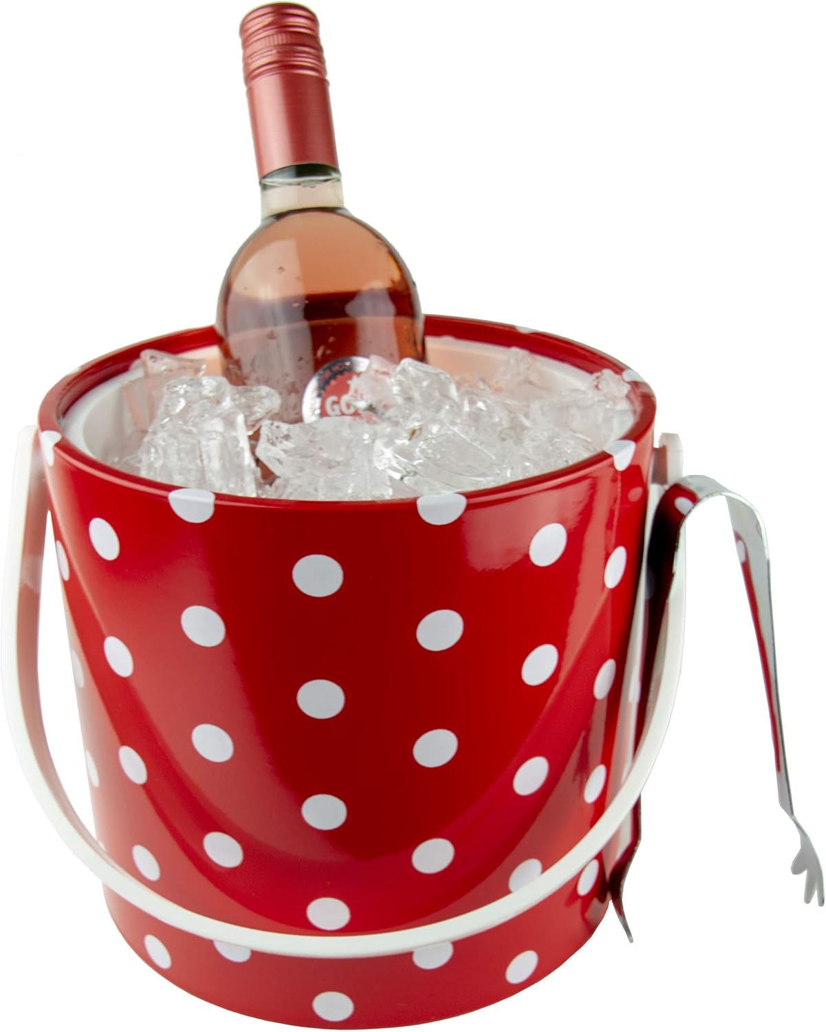 Cubo de hielo aislado de 3 cuartos de galón de doble pared rojo y blanco hecho a mano en Estados Unidos con pinzas para hielo (colección de lunares)