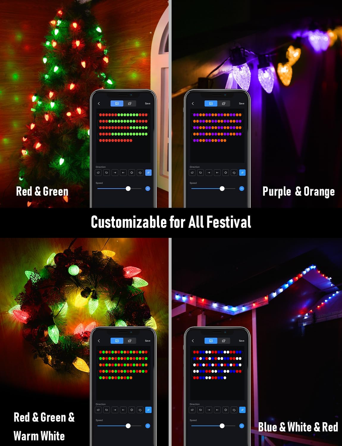 Luces de Navidad C9, pantalla personalizada, 32.8 pies, 50 LED, controlada por aplicación, cambio de color, control de grupo, luces al aire libre,
