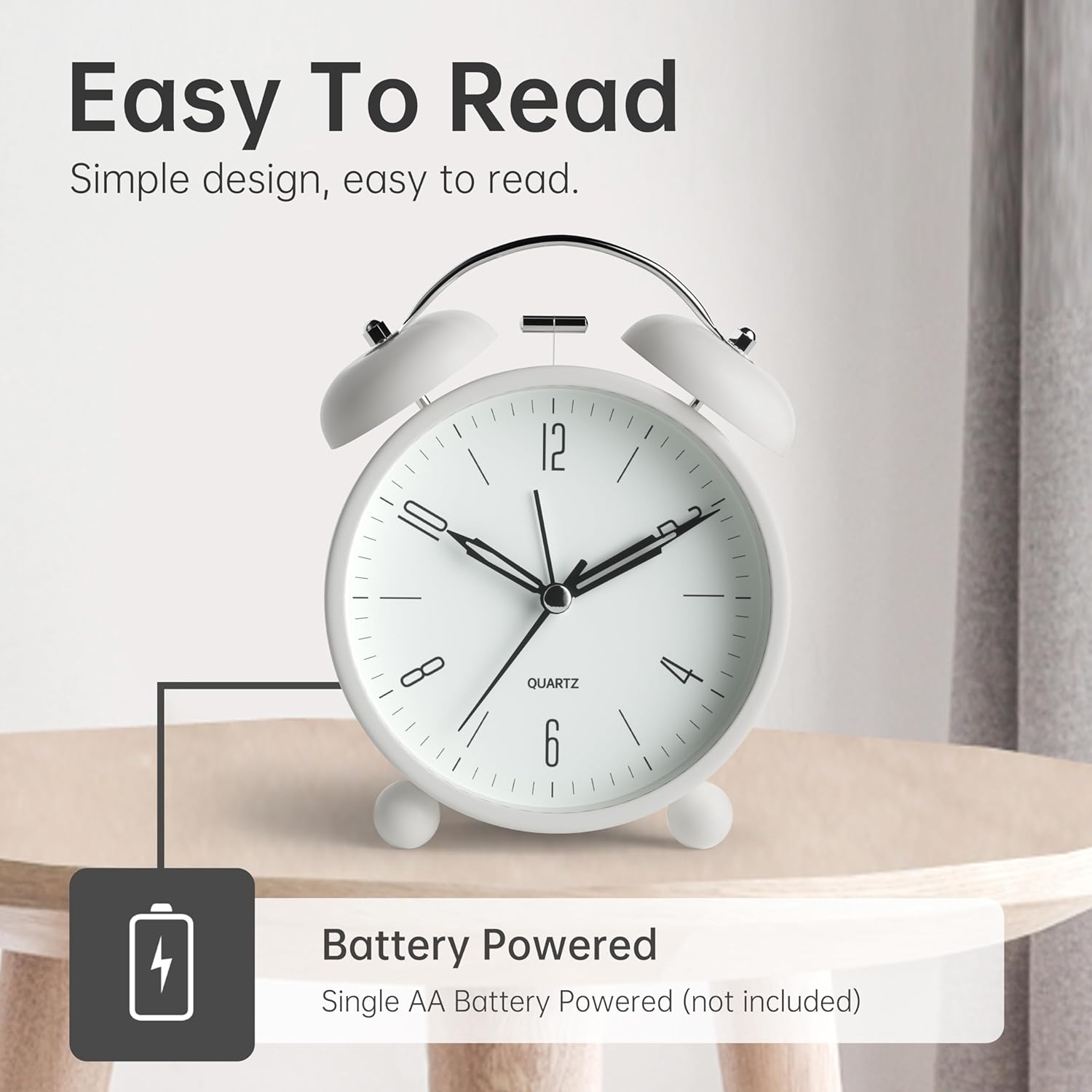 Reloj despertador analógico, reloj pequeño súper silencioso de 4 pulgadas sin tictac con luz nocturna, funciona con pilas, diseño simple, alarma