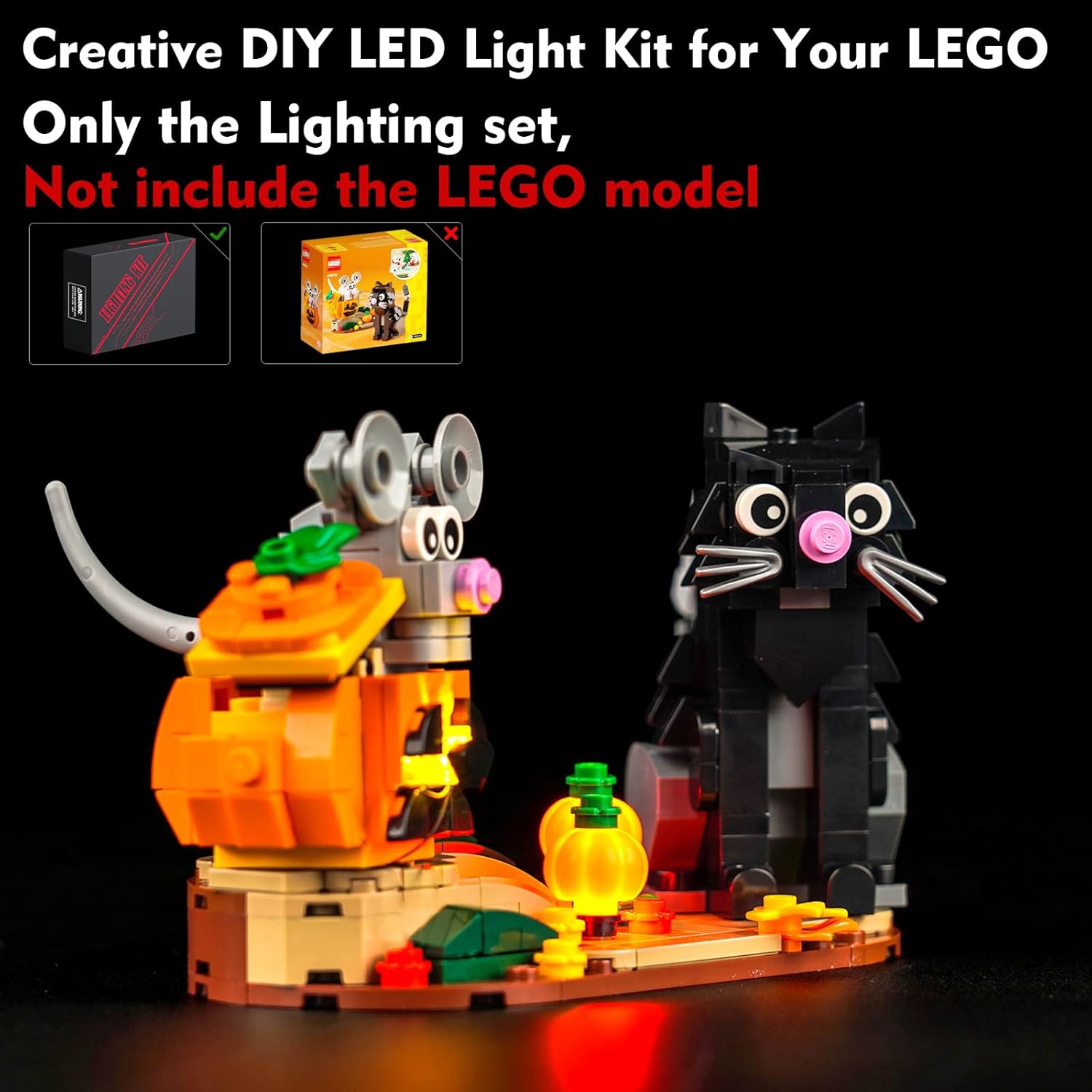 Kit de luces LED para Lego Halloween Cat and Mouse 40570, juego de iluminación de calabaza mejorado, accesorios compatibles con Lego 40570 juego de