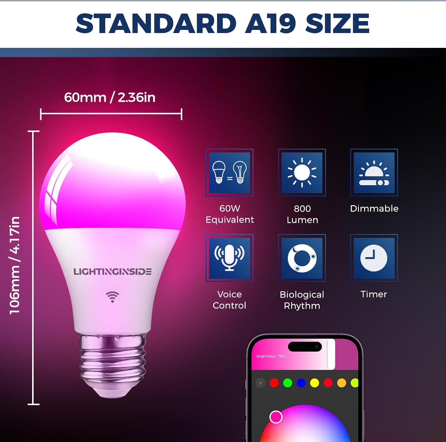 Lightinginside Bombillas inteligentes equivalentes a 60 W, bombilla inteligente WiFi de 800 lúmenes, 9 W, compatible con AlexaGoogle Assistant,