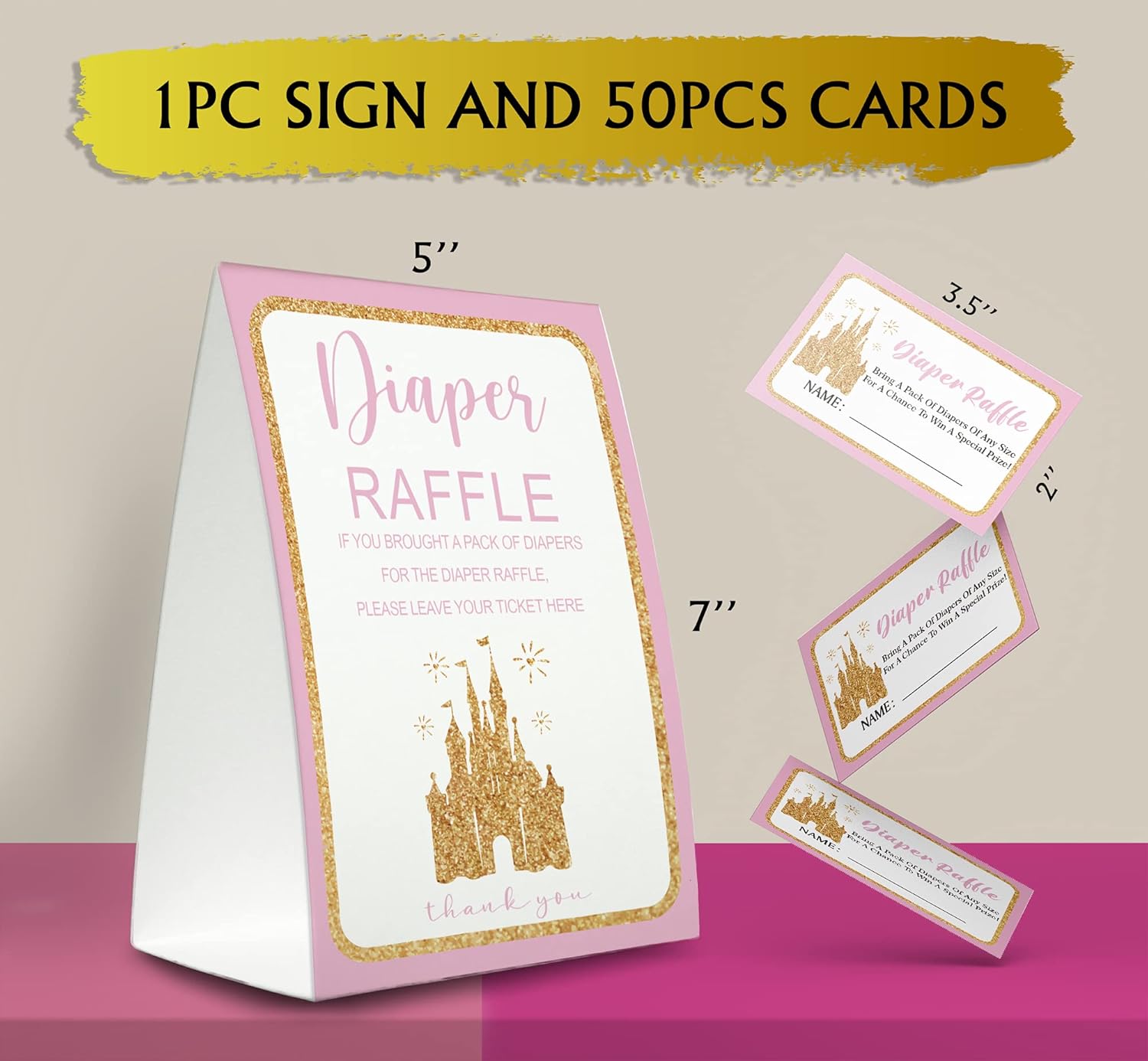 Cartel de sorteo de pañales, kit de juego para baby shower (1 letrero de pie + 50 tarjetas de adivinanzas), decoración de baby shower, juego de