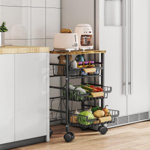 Wisdom Star Cesta de frutas de 4 niveles para cocina, carrito de almacenamiento de verduras con mesa de madera, cesta de verduras para cebollas y Wisdom Star Cesta de frutas de 4 niveles para cocina, carrito de almacenamiento de verduras con mesa de madera, cesta de verduras para cebollas y