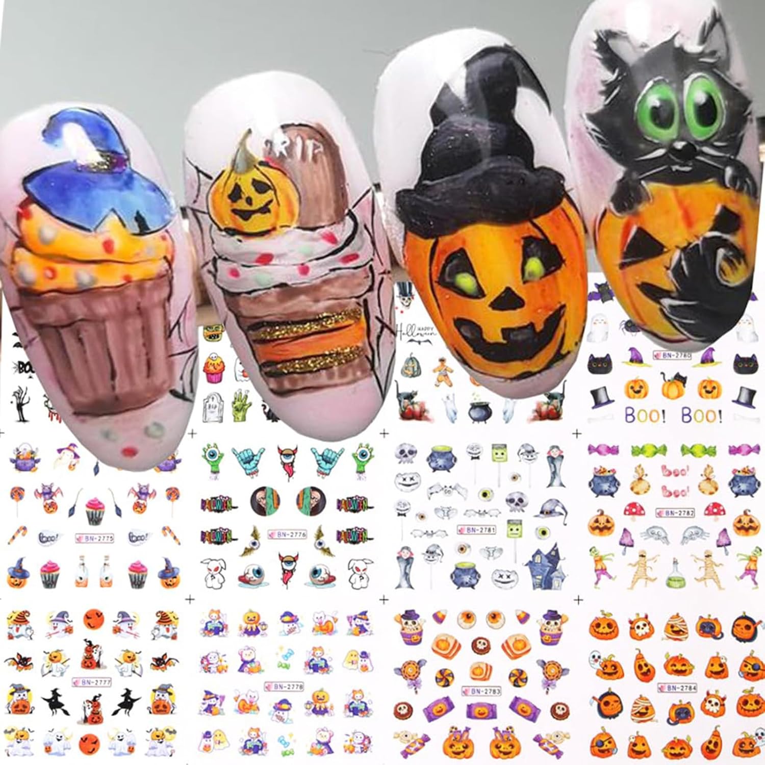 Calcomanías de arte de uñas de Halloween, 12 hojas de calcomanías de transferencia de agua para Halloween, calabaza, fantasma, araña, bruja,