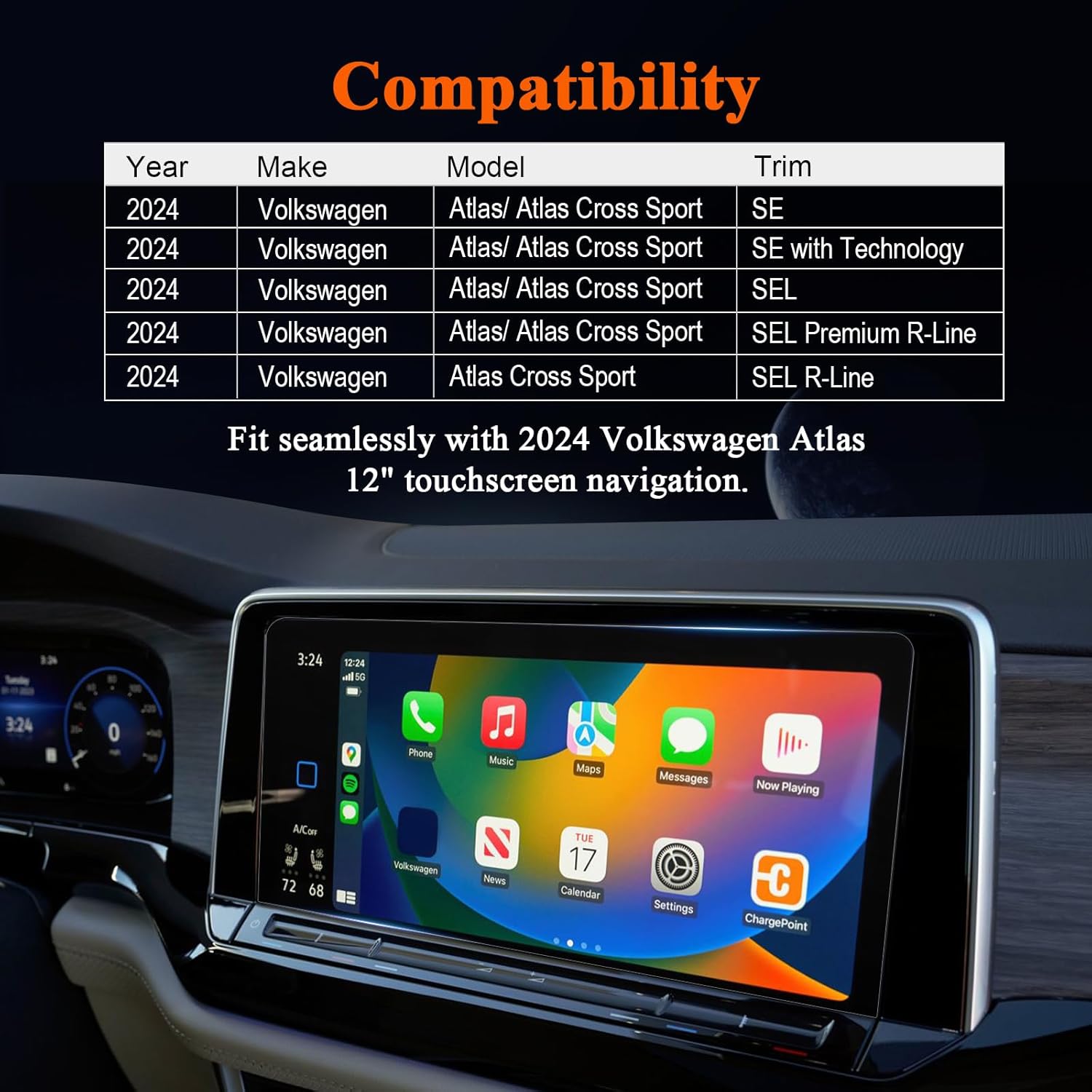 R RUIYA Protector de pantalla para Volkswagen Atlas 2024 para AtlasAtlas Cross Sport SESE 2024 con tecnologíaSELSEL Premium R-LineSEL R-Line 12″