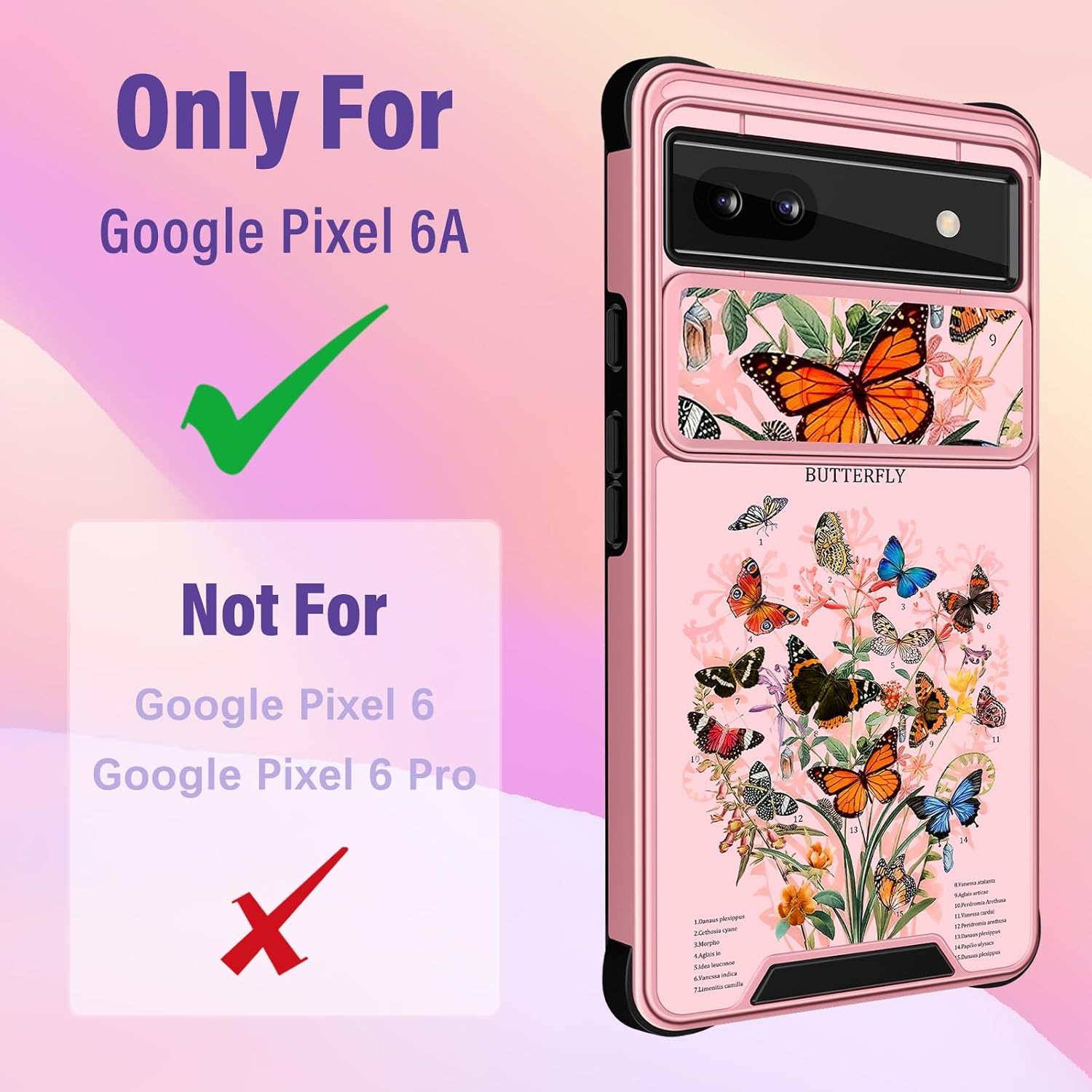 Funermei Funda 2 en 1 para Google Pixel 6A para mujeres, linda funda de mariposa para niñas, diseño único con funda para cámara y soporte de anillo