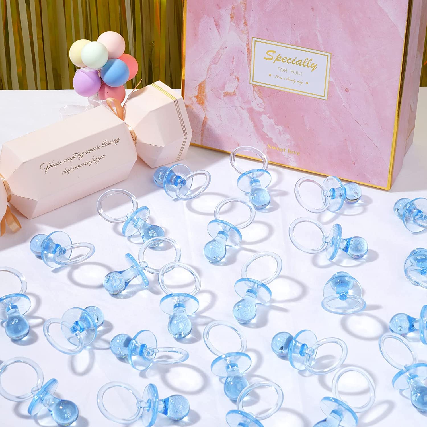100 chupetes de plástico para baby shower, de 2.75 pulgadas, para baby shower, decoración de fiesta de género, regalo de fiesta de cumpleaños (azul)