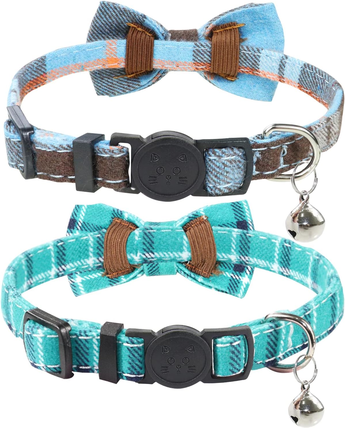 Joytale Collar de gato mejorado con campanas, collares de gato separados con pajarita, paquete de 2 collares de seguridad a cuadros para niñas y
