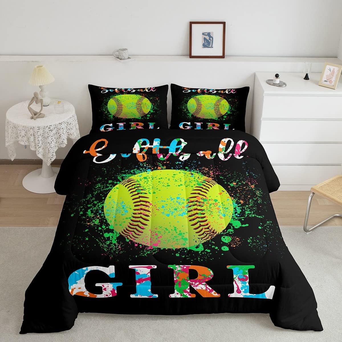 Juego de edredón de sóftbol para niños, tamaño matrimonial, juego de ropa de cama con temática deportiva para niños, niñas, adolescentes, decoración