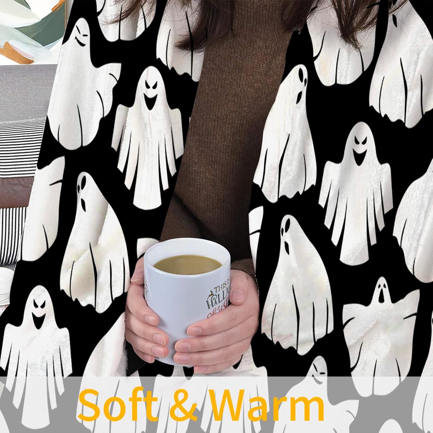 JOOCAR Manta de fantasma de Halloween, divertida manta con temática de Halloween en blanco y negro, acogedora manta suave y ligera de franela de