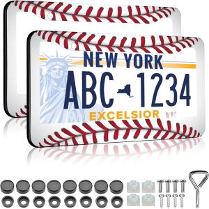 LIN KANG Marcos de matrícula  Paquete de 2 marcos de metal blanco de béisbol fresco para placa de automóvil para hombres, cubierta de aluminio para LIN KANG Marcos de matrícula  Paquete de 2 marcos de metal blanco de béisbol fresco para placa de automóvil para hombres, cubierta de aluminio para