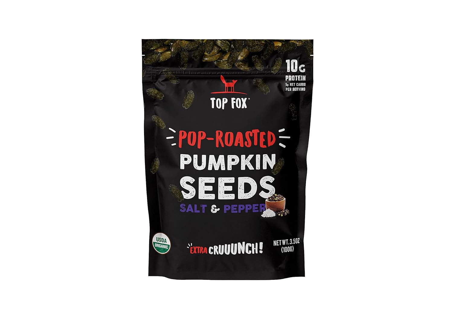 Top Fox Snacks – Semillas de calabaza tostadas orgánicas  Snacks de proteínas saludables – Sin gluten – Para dietas keto y veganas (3,5 oz)