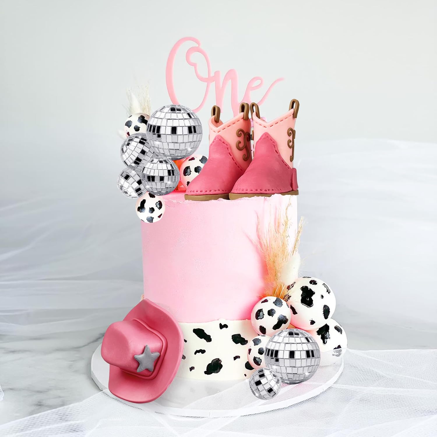 25 piezas de decoraciones para tartas de vaquera, sombrero de vaquera y botas, decoración de pastel de bola de discoteca, decoración de pastel de