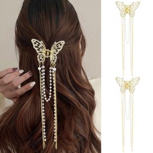 Ahoney 2 pinzas de mariposa para el cabello, pinzas de mariposa para el cabello con dijes, pinzas de metal para el cabello con borlas, perlas y Ahoney 2 pinzas de mariposa para el cabello, pinzas de mariposa para el cabello con dijes, pinzas de metal para el cabello con borlas, perlas y