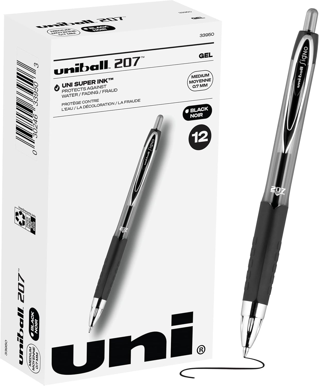 Uniball Jetstream RT – Paquete de 3 bolígrafos negros finos de 0.028 in y bolígrafo de gel Uniball Signo 207, paquete de 12 bolígrafos negros