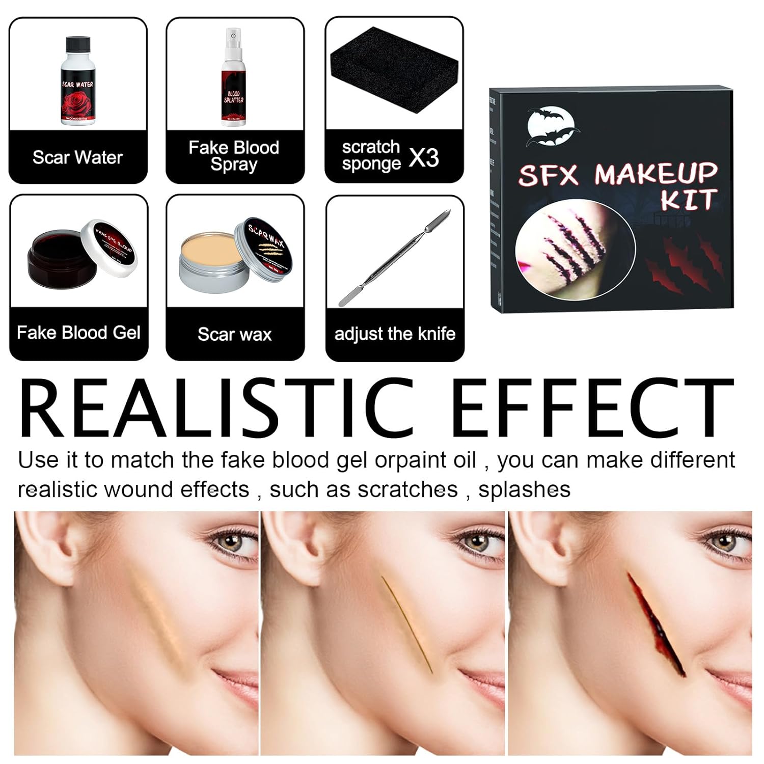 SOVONCARE Scar Wax SFX – Kit de maquillaje en aerosol de sangre falsa de Halloween, kit de maquillaje de efectos especiales, 3 esponjas de punteo,