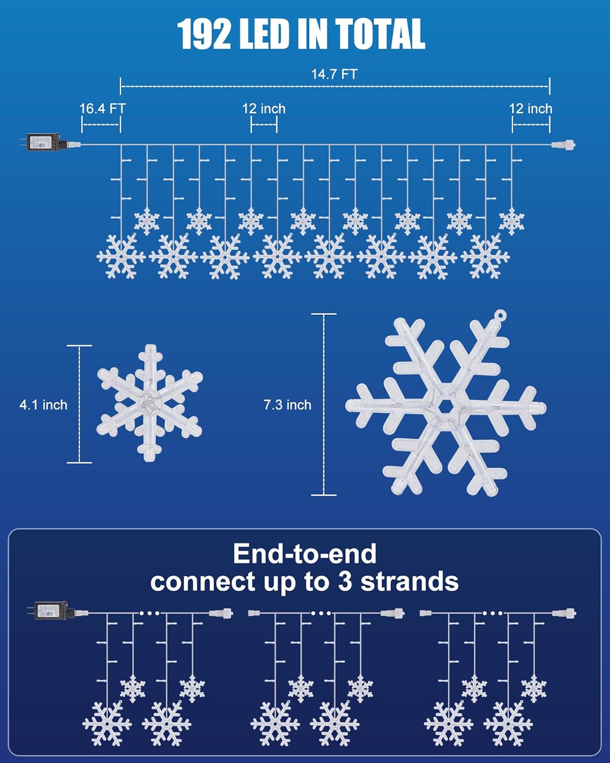 Minetom Luces de carámbano de copo de nieve de Navidad para exteriores, 13 pies, 16 gotas, 192 luces LED de copo de nieve, conectables para