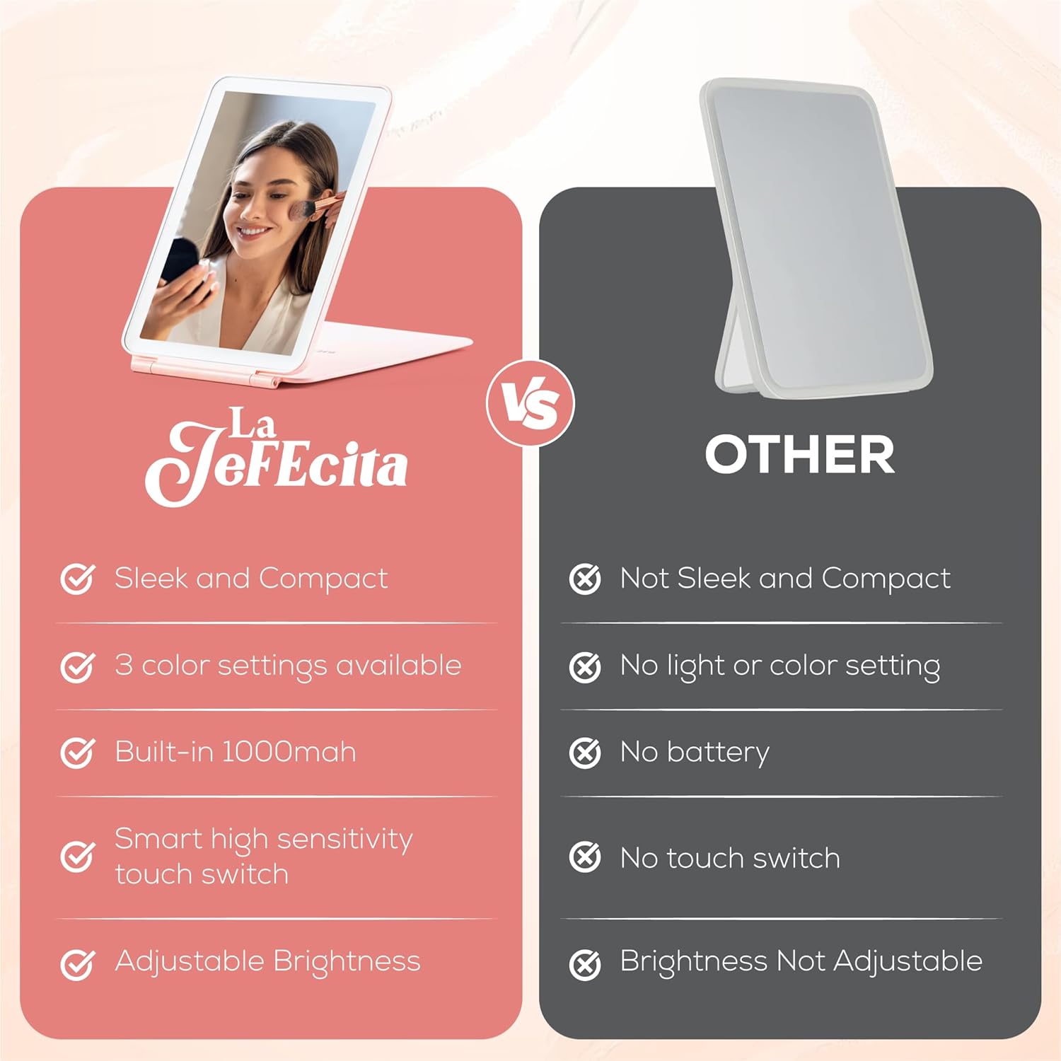 Espejo de maquillaje portátil plegable con luz LED, tamaño iPad, recargable por USB, 3 ajustes de color, tecnología regulable (rosa)