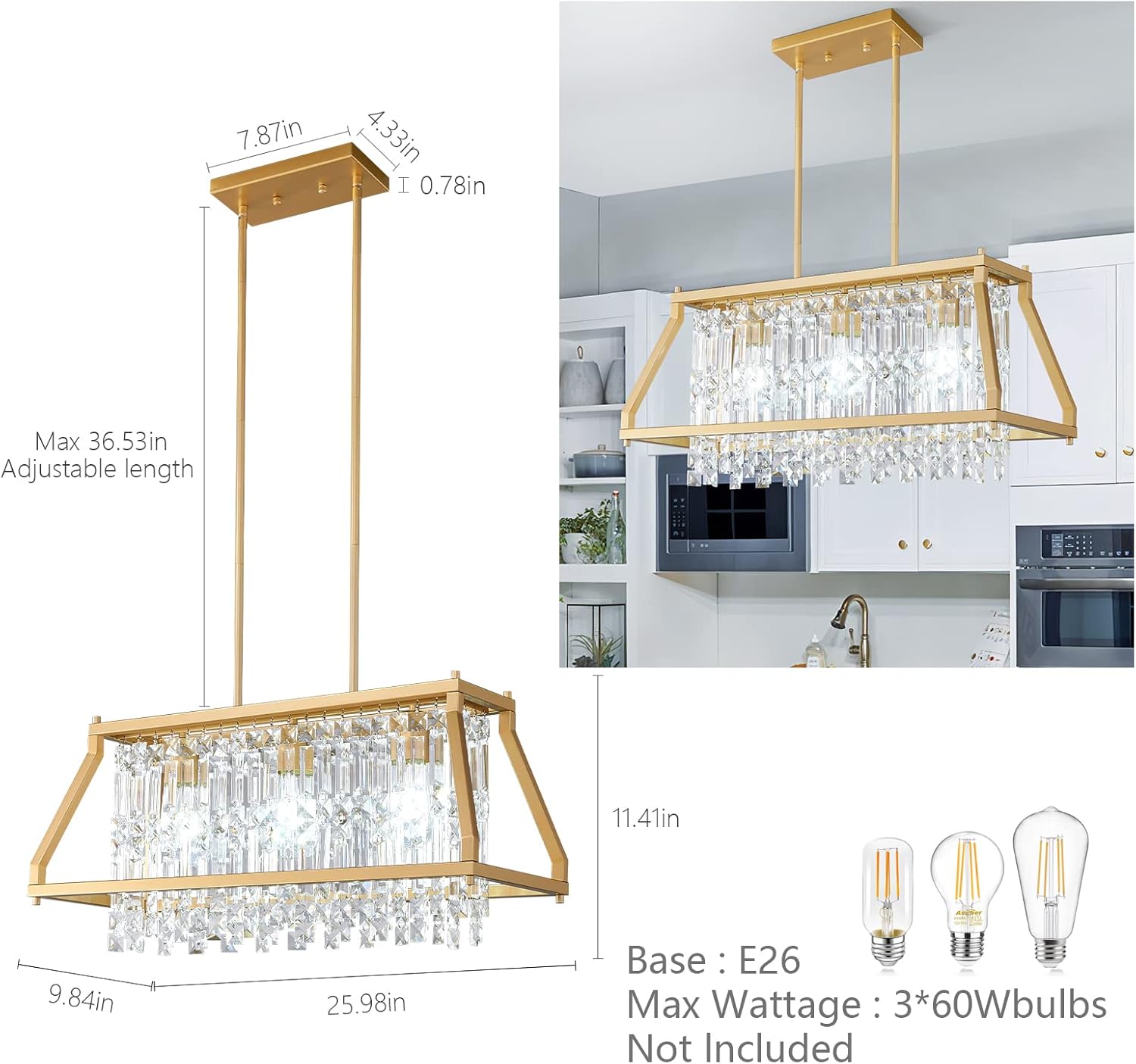 LMQNINE Lámpara colgante de cristal de metal dorado para cocina, isla de comedor, sala de estar, techo plano e inclinado (rectangular, 25.98