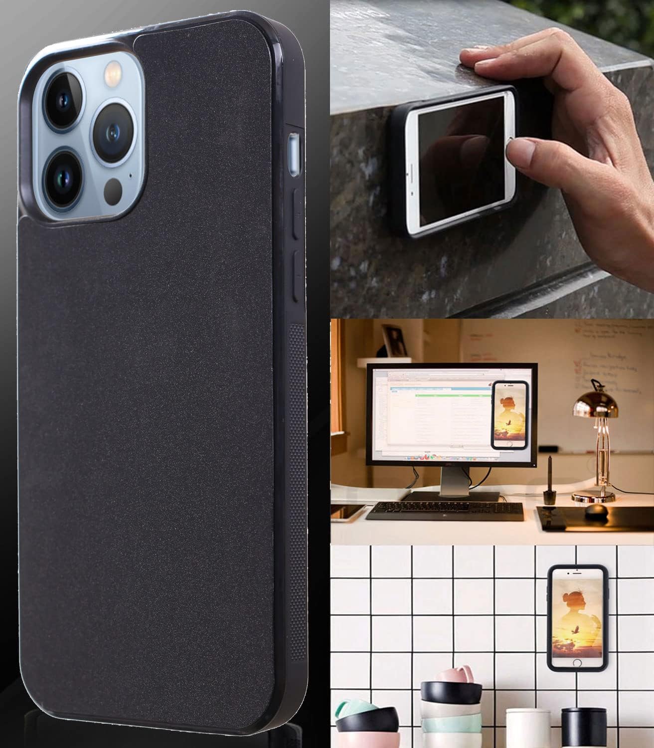 MONCABILE Funda que se adhiere a cualquier cosa gravedad cero caja del teléfono para iPhone 13 Pro Sticky Pluto Nano Succión Adhesivo Negro