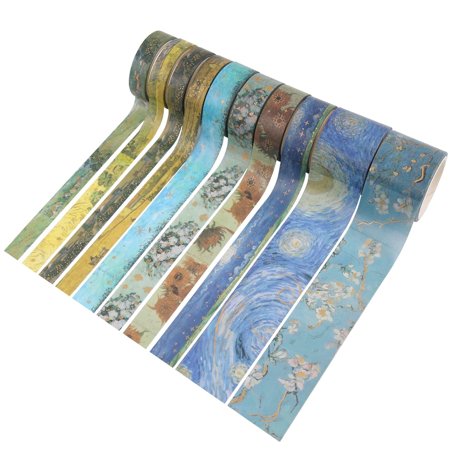 Lychii Van Gogh Washi Tape, 10 rollos de cinta adhesiva Washi de acuarela vintage con papel de aluminio dorado, suministros estéticos para diario,