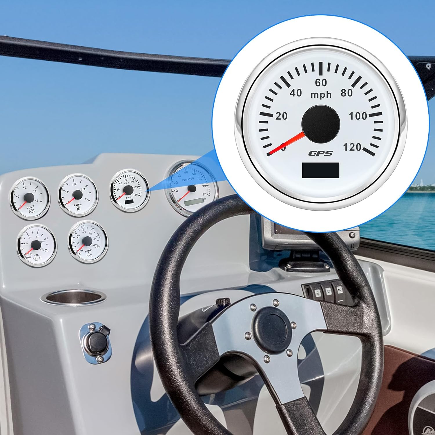 ARTILAURA 2.047 in 2-16 “GPS velocímetro barco GPS velocímetro odómetro coche 120MPH 7 color impermeable marino digital GPS medidor 9-32V (blanco)