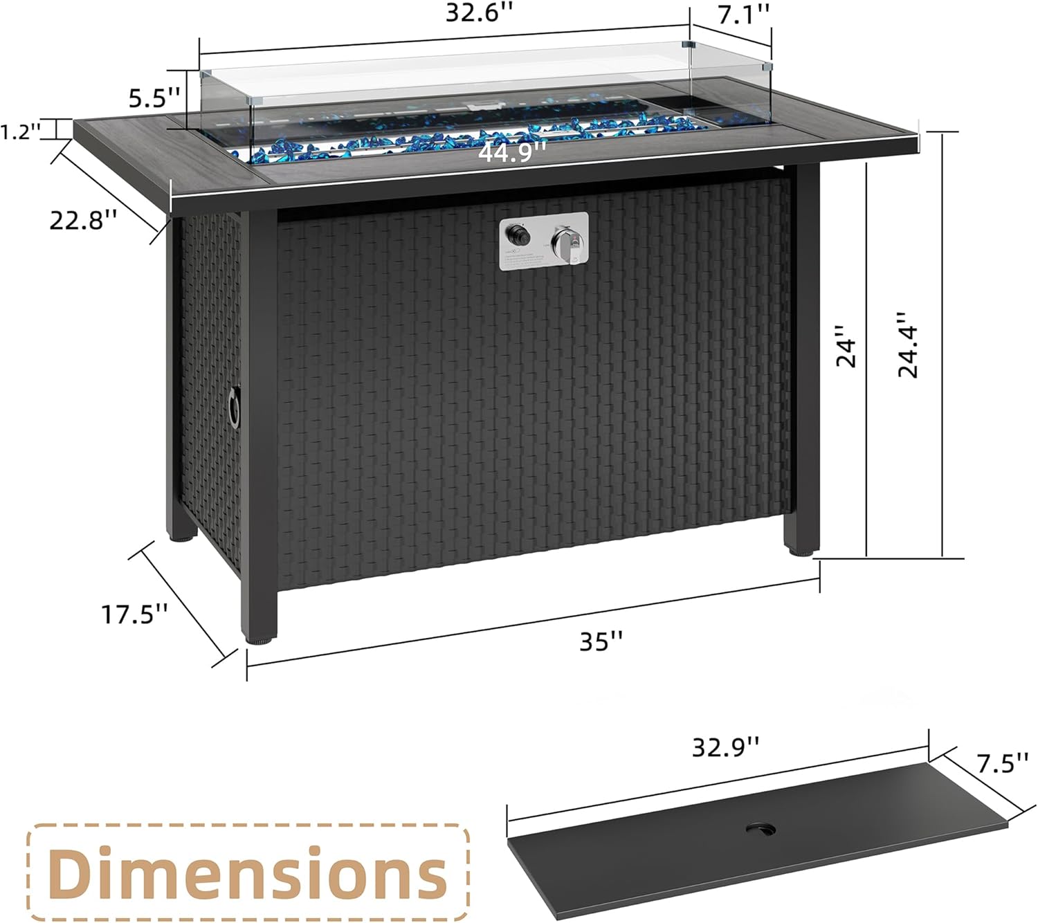 JAMFLY Mesa para fogata de propano para exteriores de 45 pulgadas con tapa, fogatas de gas de 50,000 BTU para patio exterior con protector de viento