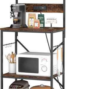 JAMFLY Estante para hornear de cocina con toma de corriente, soporte para microondas con 6 ganchos en forma de S, barra de café de 4 niveles para JAMFLY Estante para hornear de cocina con toma de corriente, soporte para microondas con 6 ganchos en forma de S, barra de café de 4 niveles para