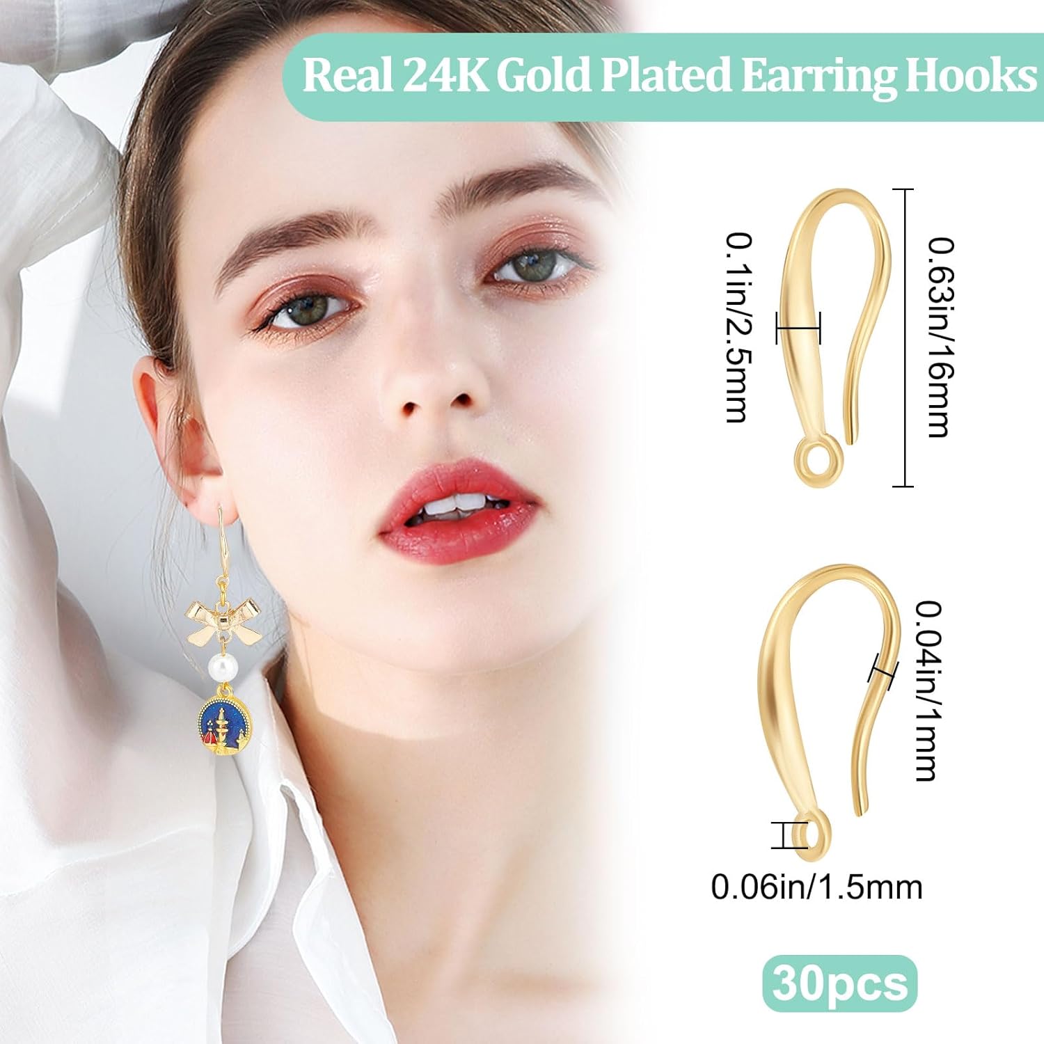 Beebeecraft 1 caja de 30 ganchos para aretes franceses, chapados en oro de 24 quilates, ganchos de alambre para orejas con bucle, gancho para colgar