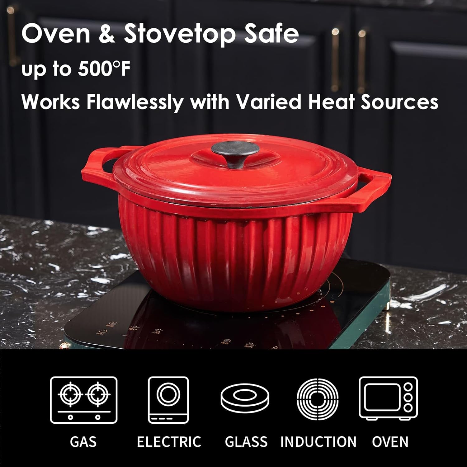 Yanzao Olla de horno holandés de hierro fundido esmaltado con tapa y asa, 4.75 cuartos de galón, interior de cerámica, antiadherente, olla grande de