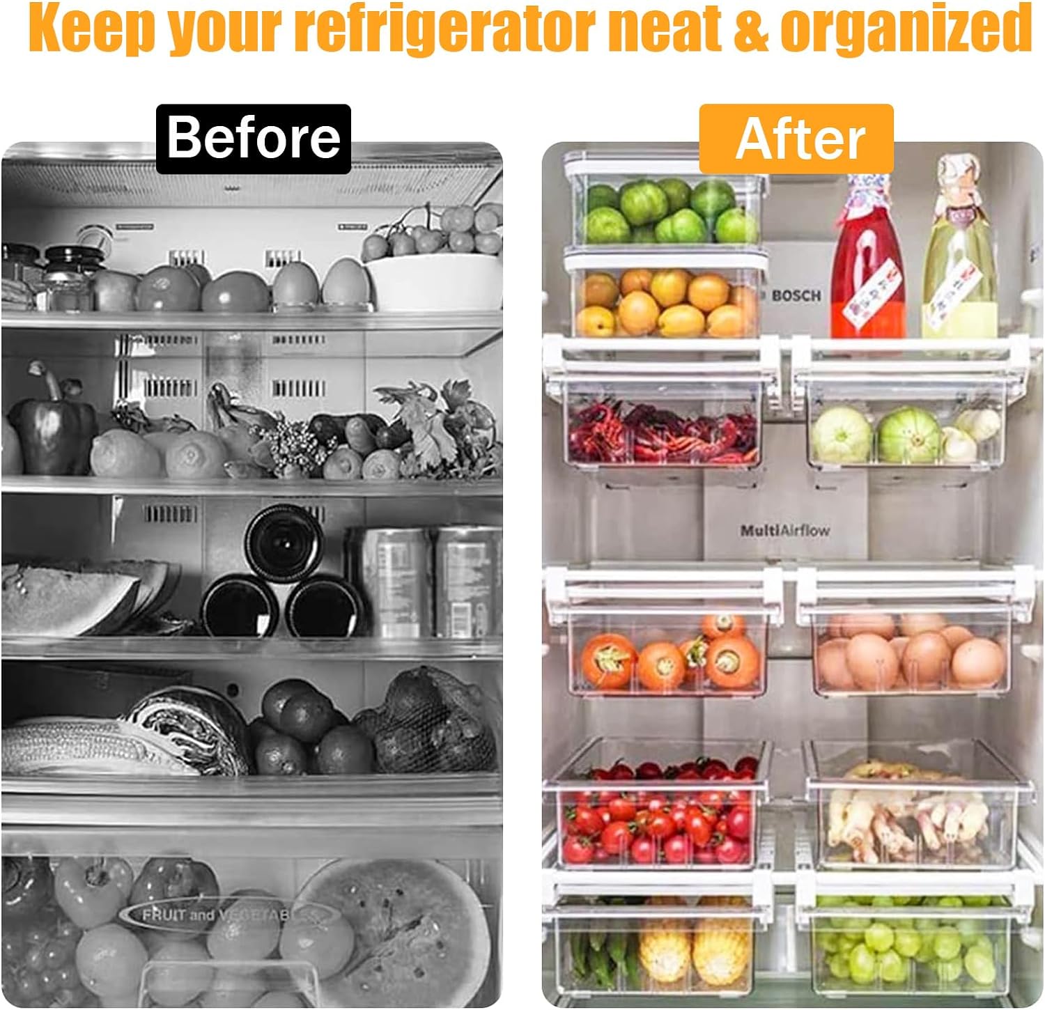 URALFA Paquete de 2 organizadores de cajones para refrigerador, cajones de refrigerador para frutas y verduras, organización y caja de