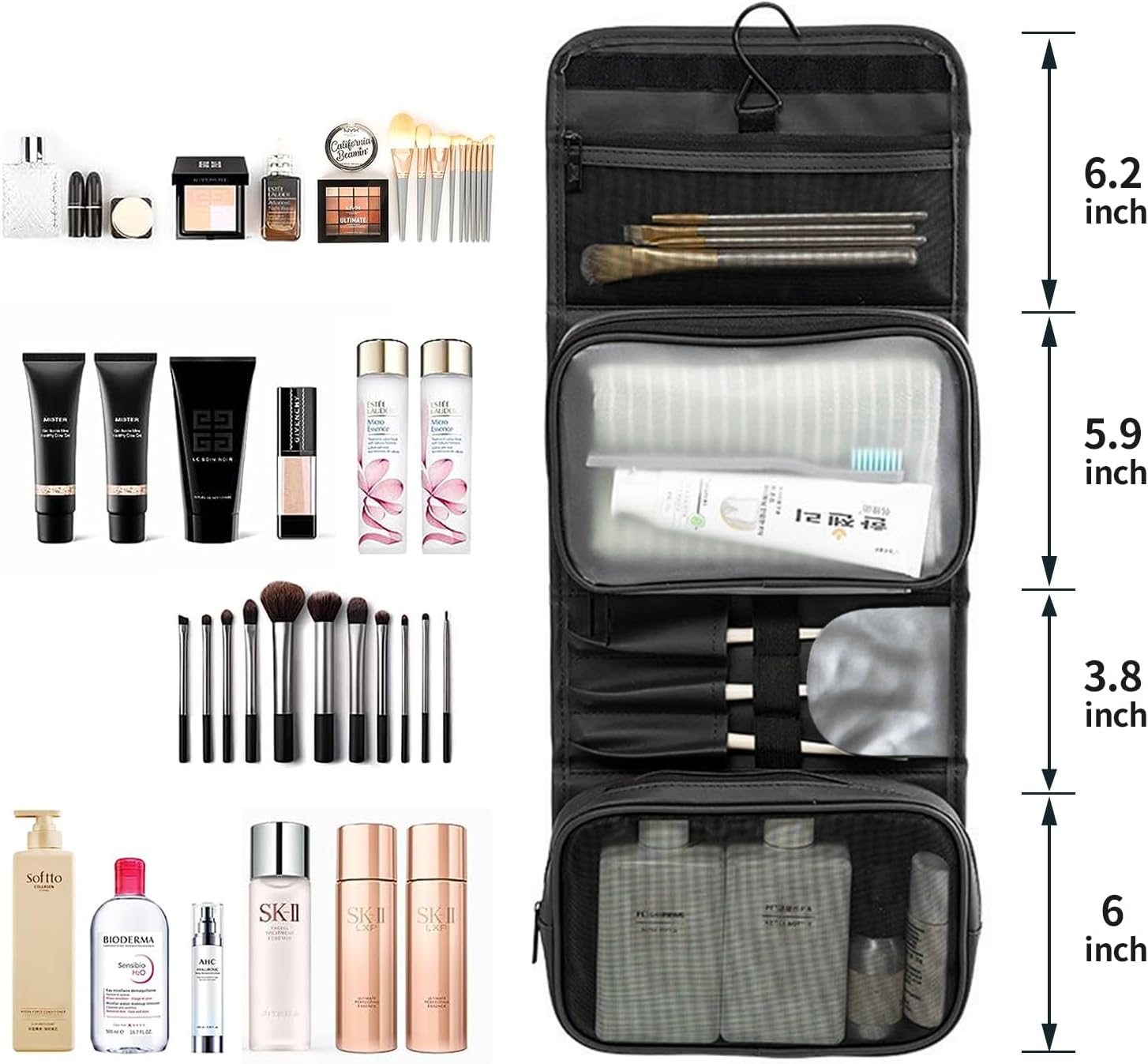 Neceser colgante de viaje para mujer, con capacidad para champú de tamaño completo, con compartimento organizador de joyas, Negro -, Viajes