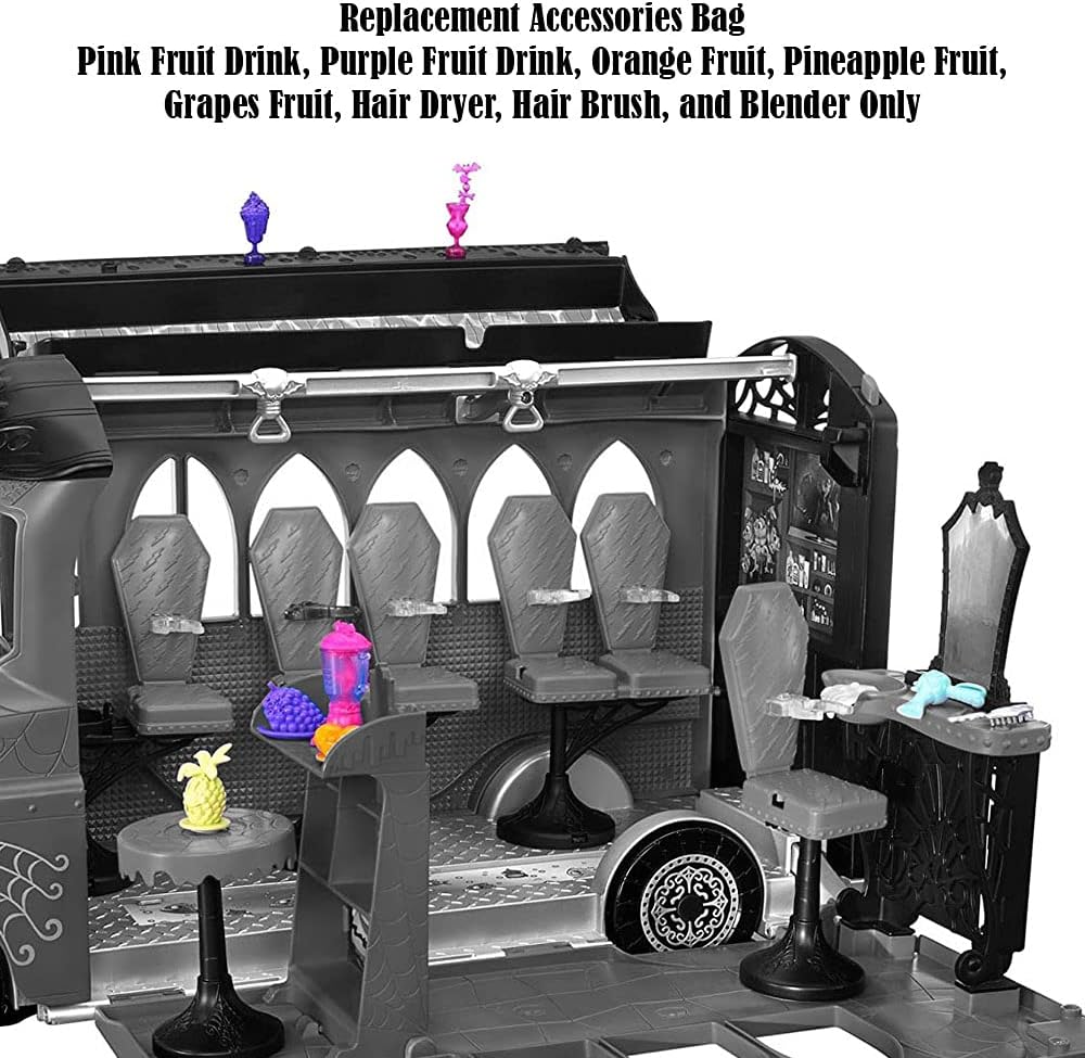 Piezas de repuesto para Monster High Deluxe Bus Playset – FCV63  Bolsa de accesorios de repuesto  Bebidas de frutas, secador de pelo, licuadora