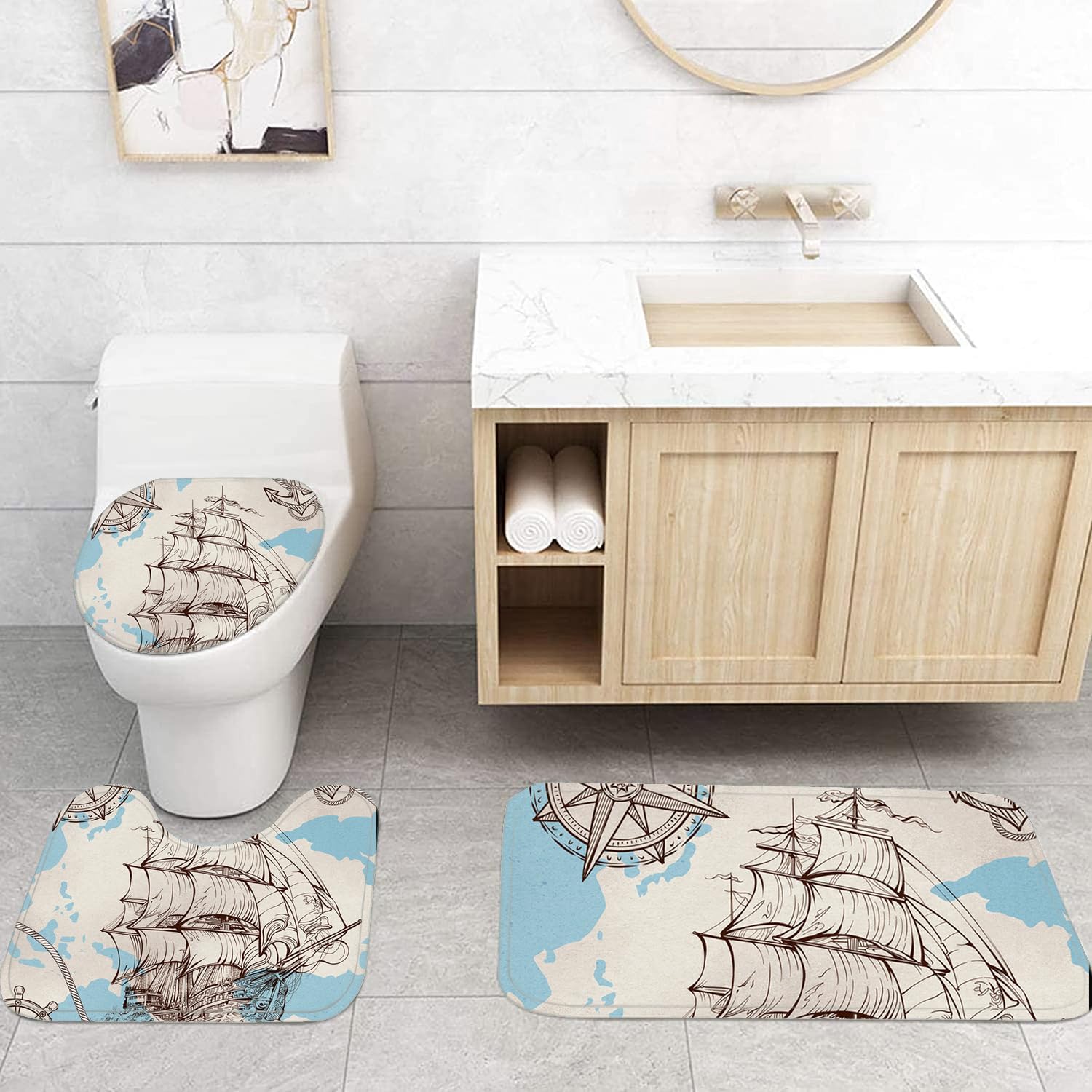 Juego de 4 cortinas de ducha náuticas para baño, juego de cortina de ducha azul con alfombras, cubierta de tapa de inodoro y tapete de baño,