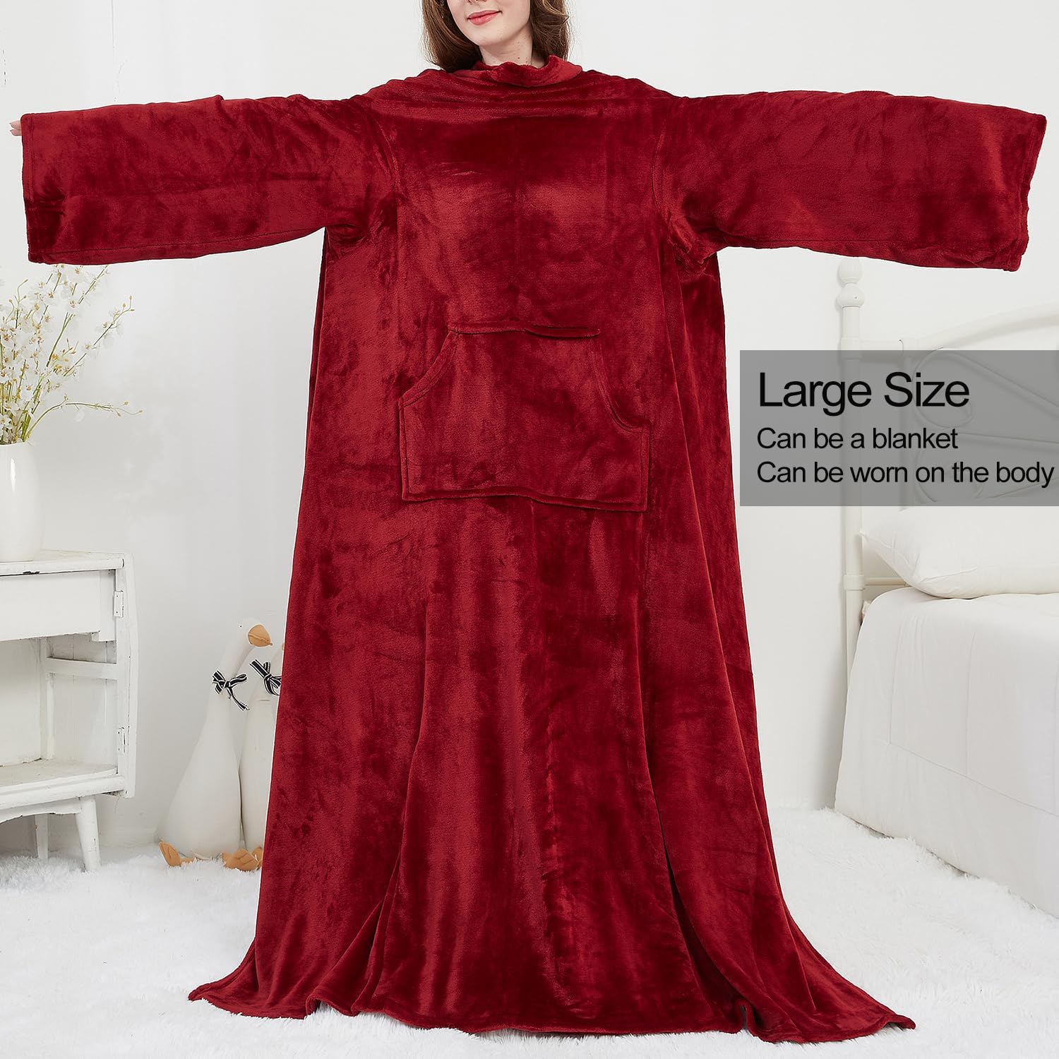 Manta de forro polar con mangas y bolsillo para el pie para adultos, mujeres y hombres, manta ligera de felpa suave para TV con mangas y velcro