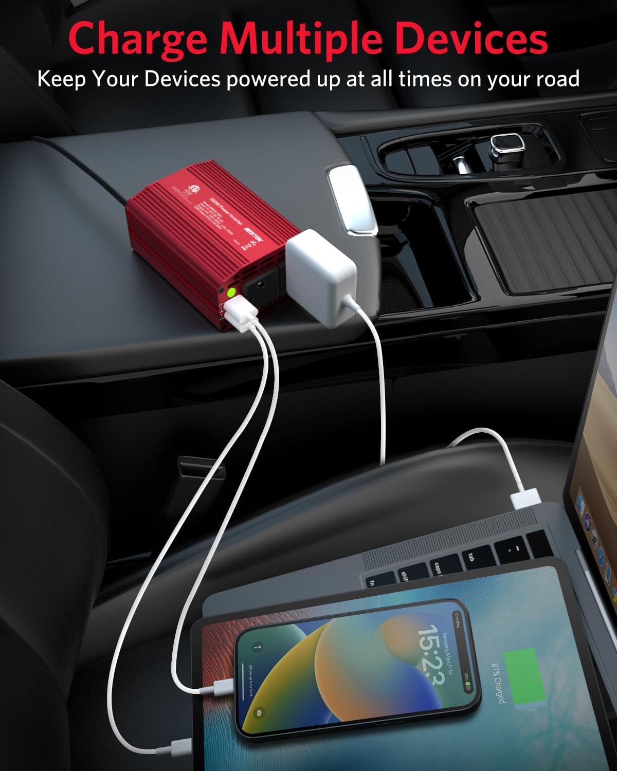 BESTEK Inversor de corriente para automóvil de 300 W, convertidor de inversor de automóvil de CC 12 V a 110 V CA con puertos de carga USB duales de