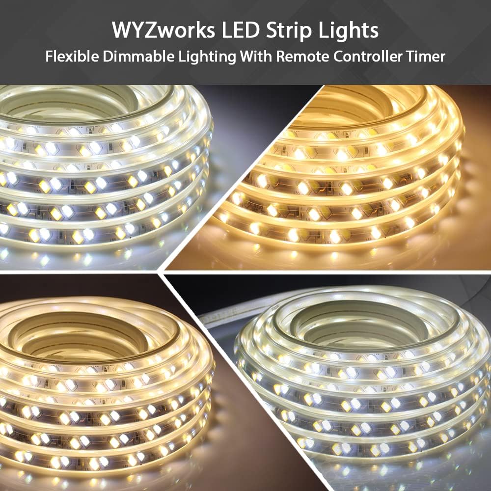 WYZworks Tira de luces LED planas, 50 pies, 2 en 1, blanco cálido y blanco frío, iluminación regulable flexible con control remoto, temporizador,