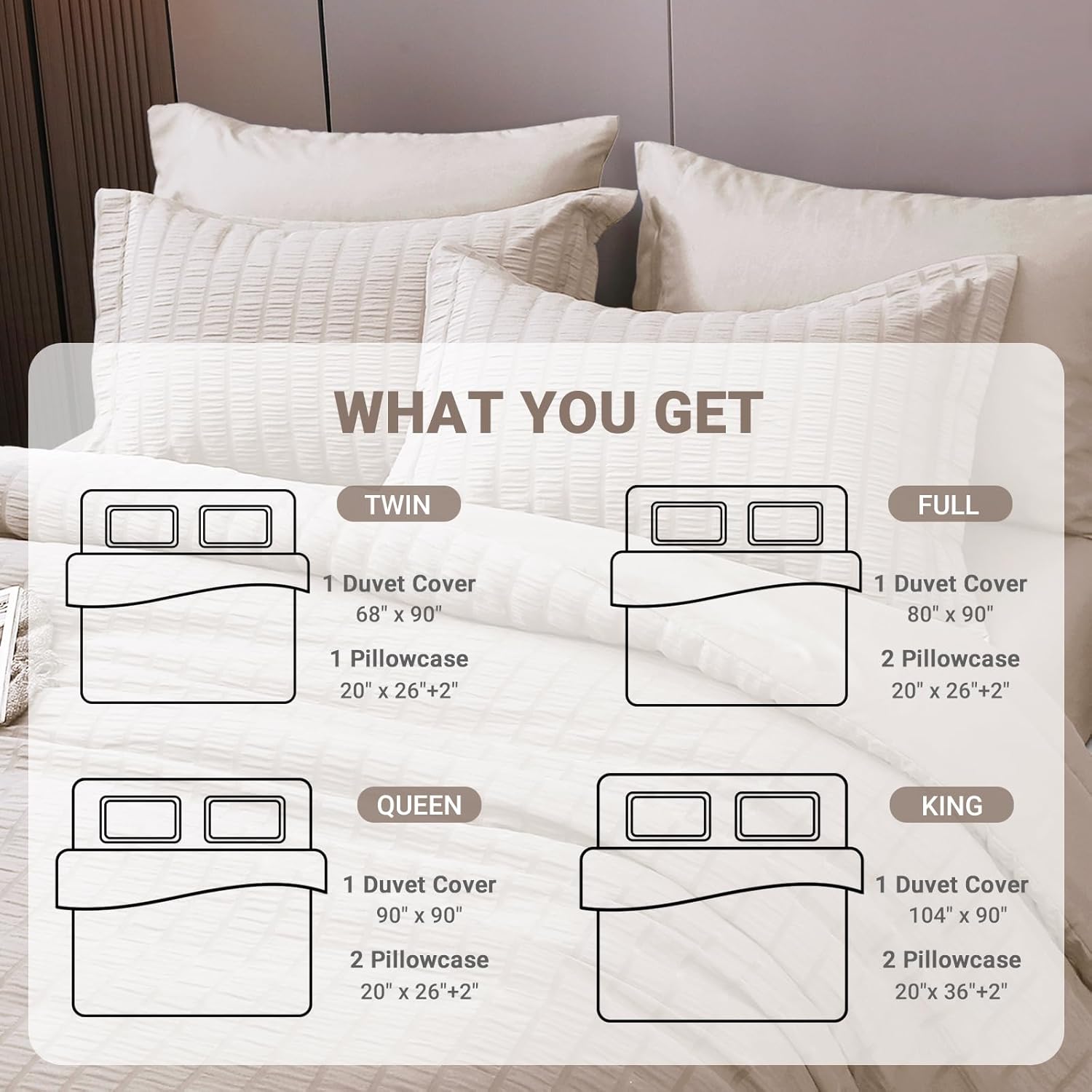 HYMOKEGE Seersucker – Juego de funda de edredón de 2 piezas, color beige, juego de ropa de cama de microfibra cepillada suave de lujo con 1 funda de