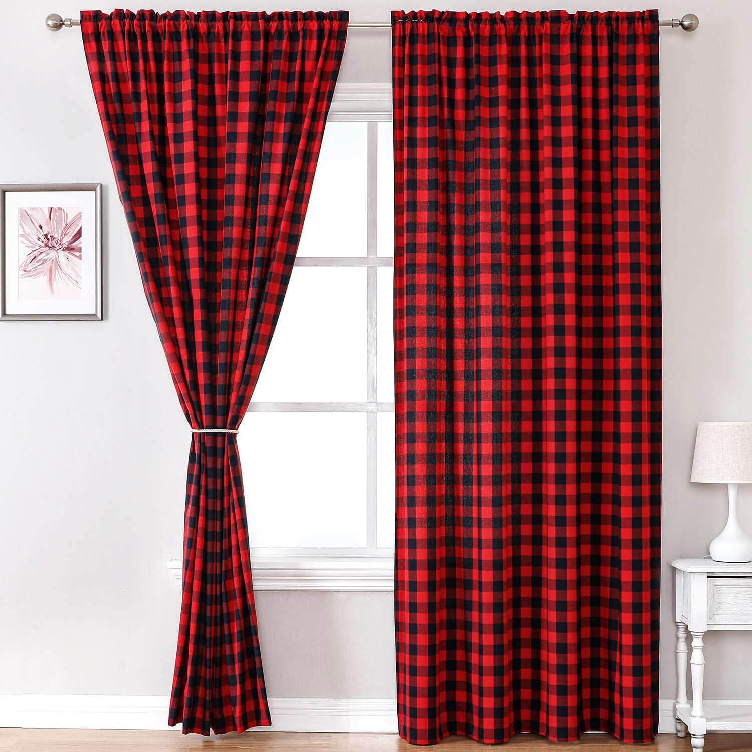 WUBODTI Cortinas a cuadros rojos de Navidad de 63 pulgadas de largo, 2 paneles, cortinas de cuadros rojos y negros, cortinas de cocina a cuadros