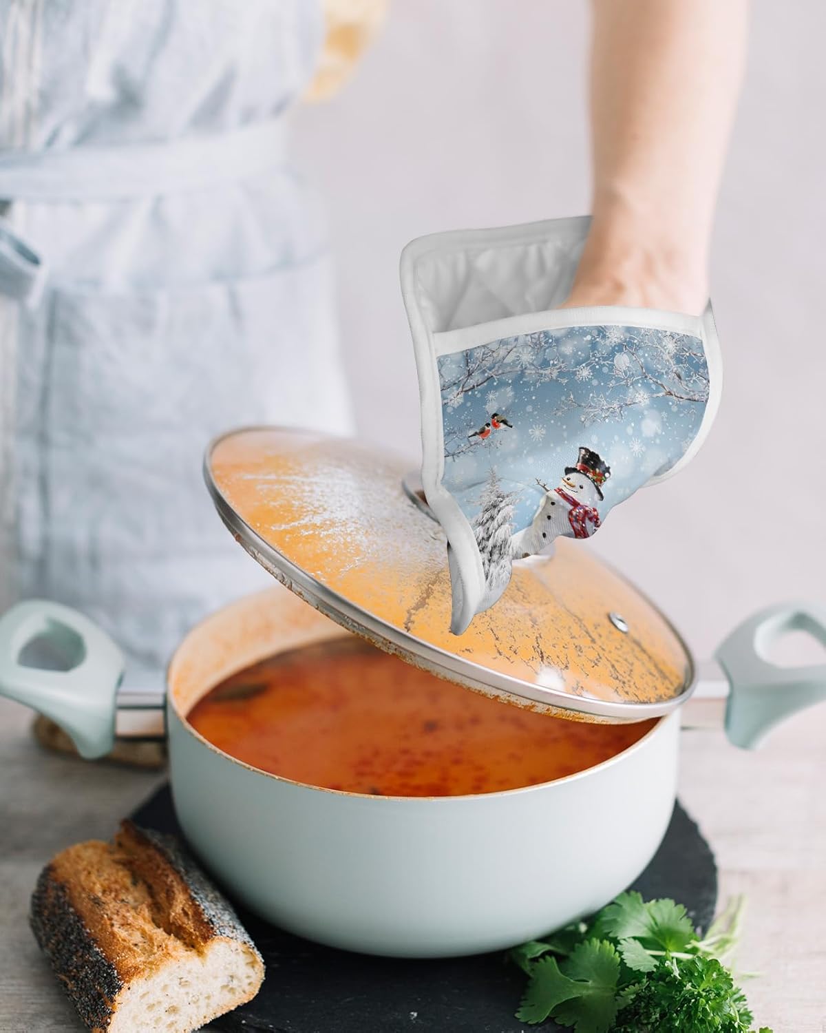 Winter Snowman 3Pcs Pot Holders for Kitchen,Non Slip & Heat Insulation Terry Cloth Potholder Set with Pocket,Thick Hot Pad Oven Mitts Trivet Coaster
