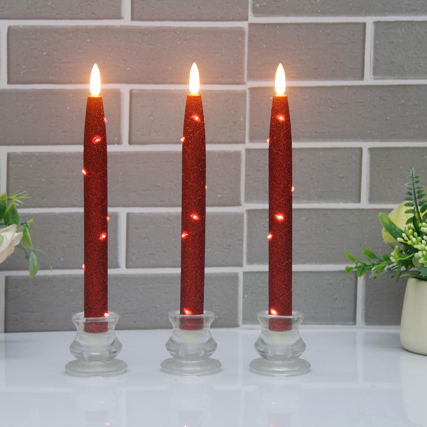 Velas LED sin llama con cuerda de luz de estrellas incrustada, con temporizador remoto, llama parpadeante 3D, velas cónicas falsas para ventana,