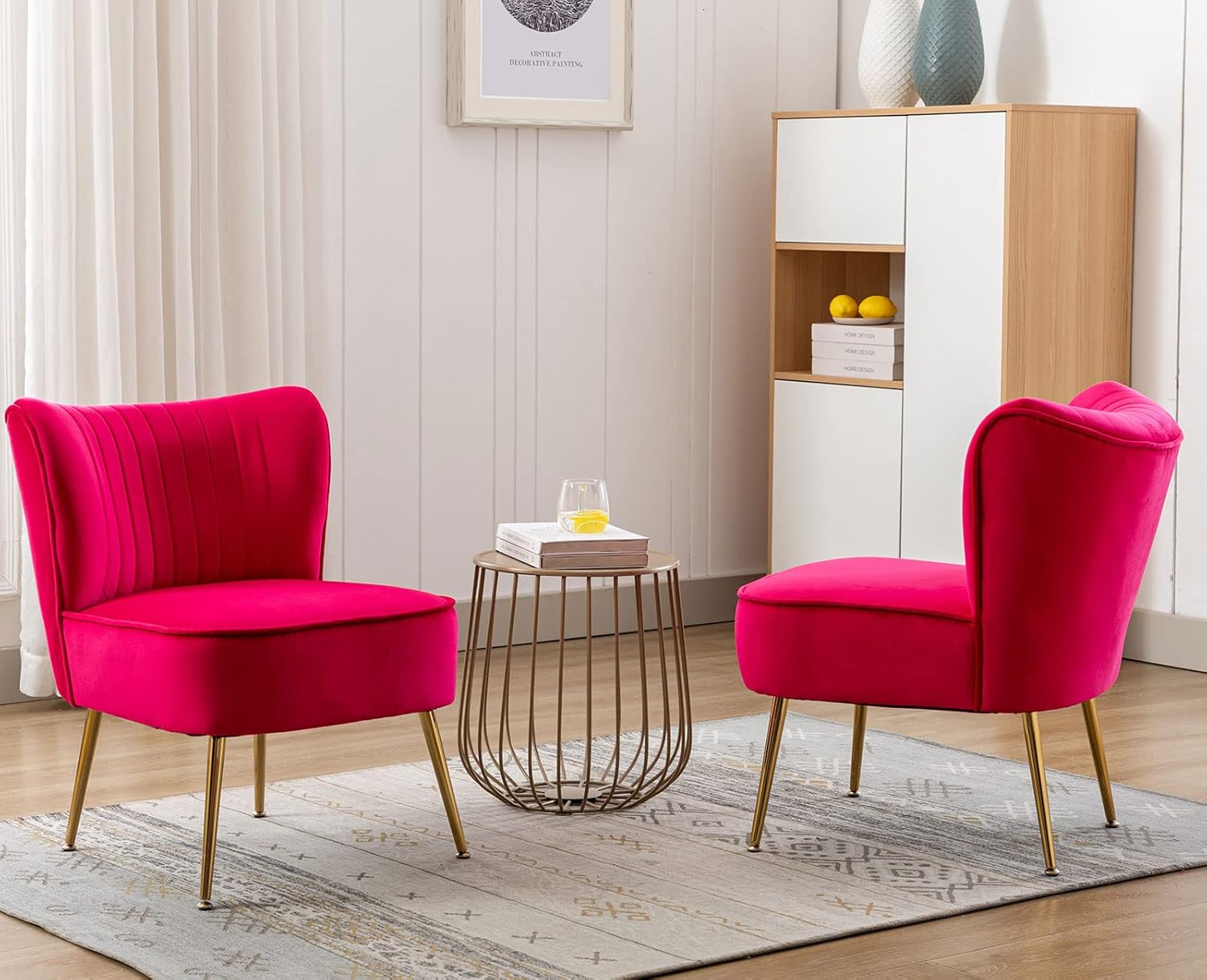 Juego de 2 sillas decorativas de terciopelo modernas tapizadas con patas doradas, cómodas sillas laterales sin brazos con respaldo de ala, sillas