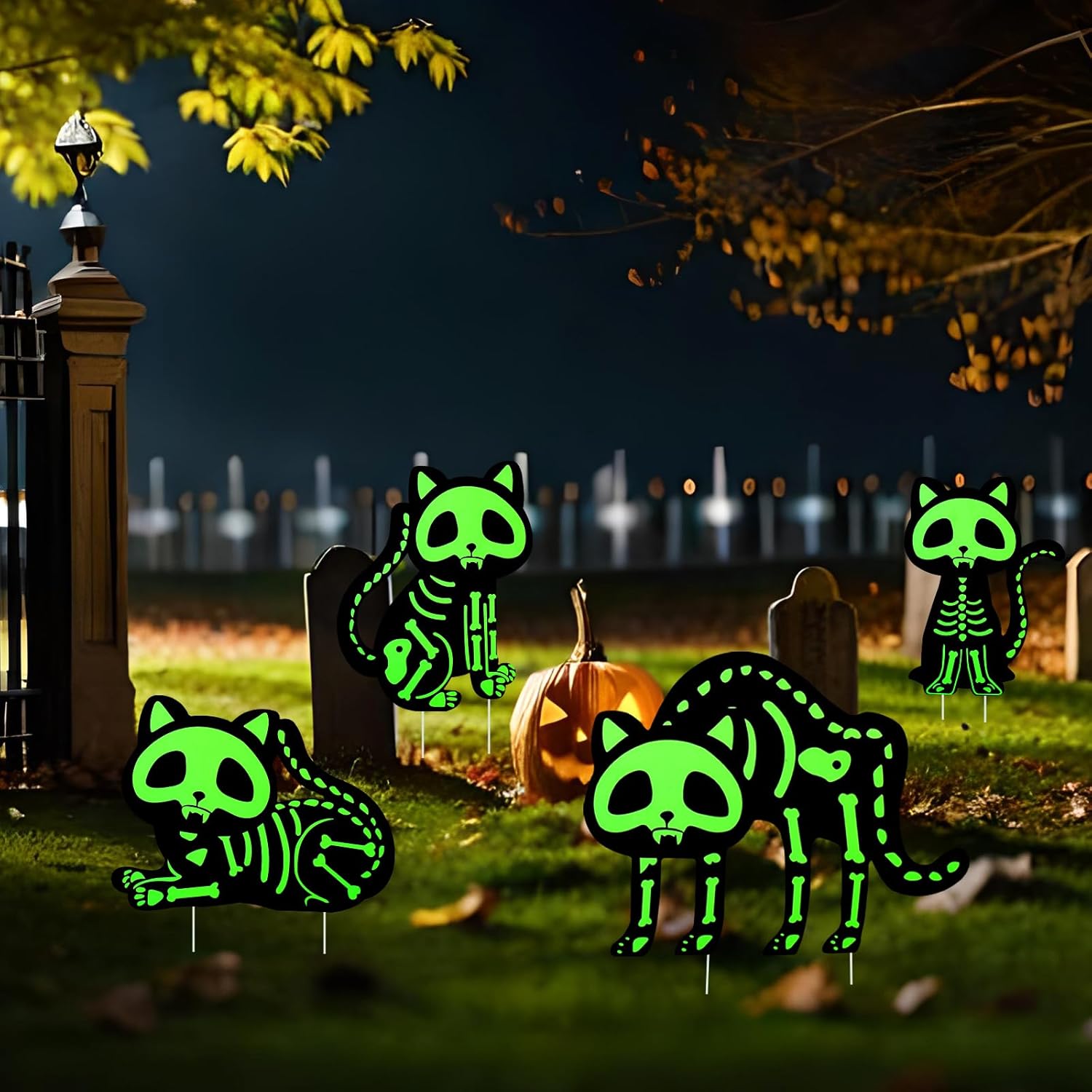 Decoraciones de Halloween para patio, letreros de gato al aire libre que brilla en la oscuridad, esqueleto de gato con estacas para espeluznante