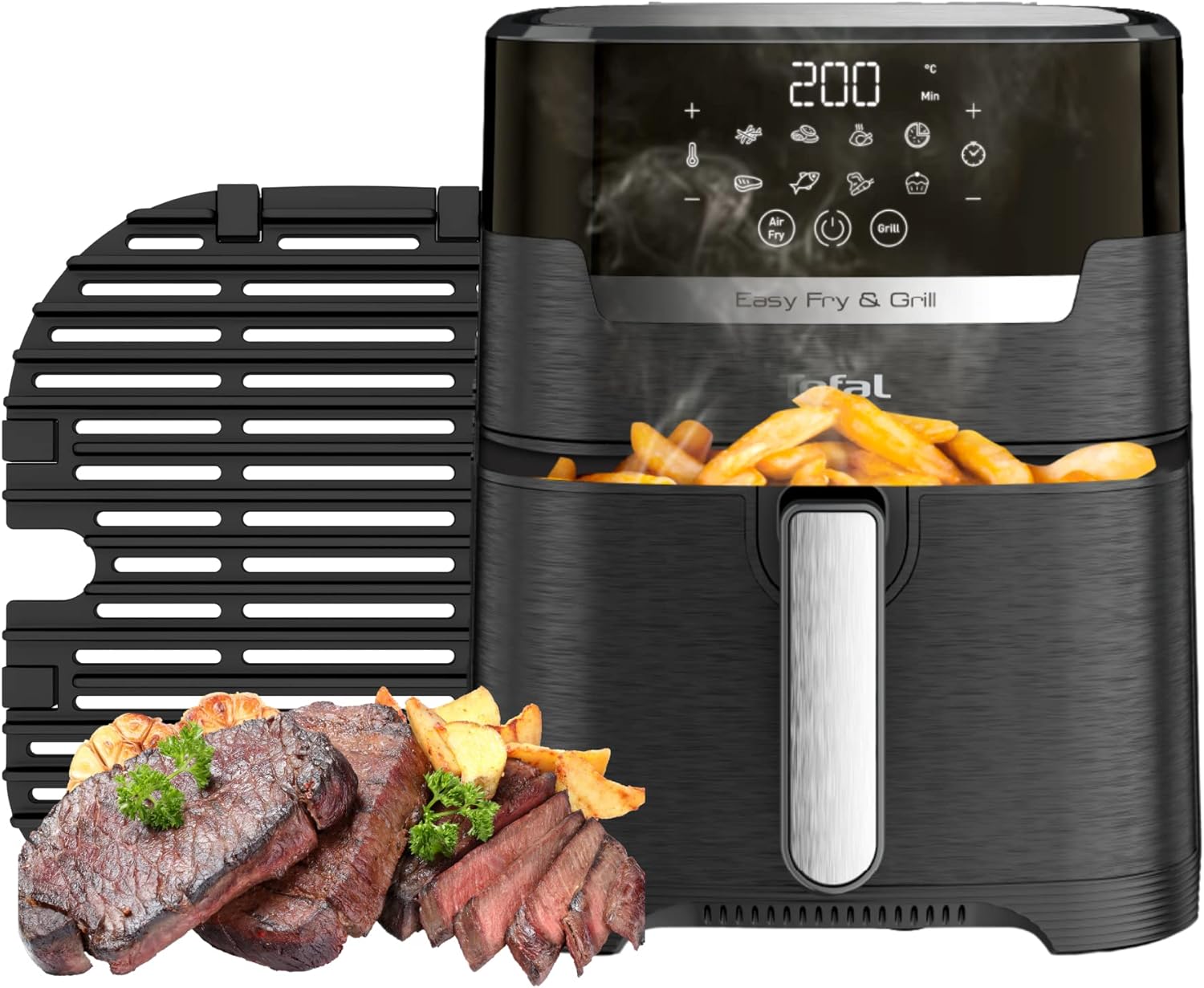 T-Fal Freidora de Aire con Parrilla Easy Fry & Grill con Antiadherente 4.2 L 1450 W Inoxidable EY505850, 8 programas automáticos