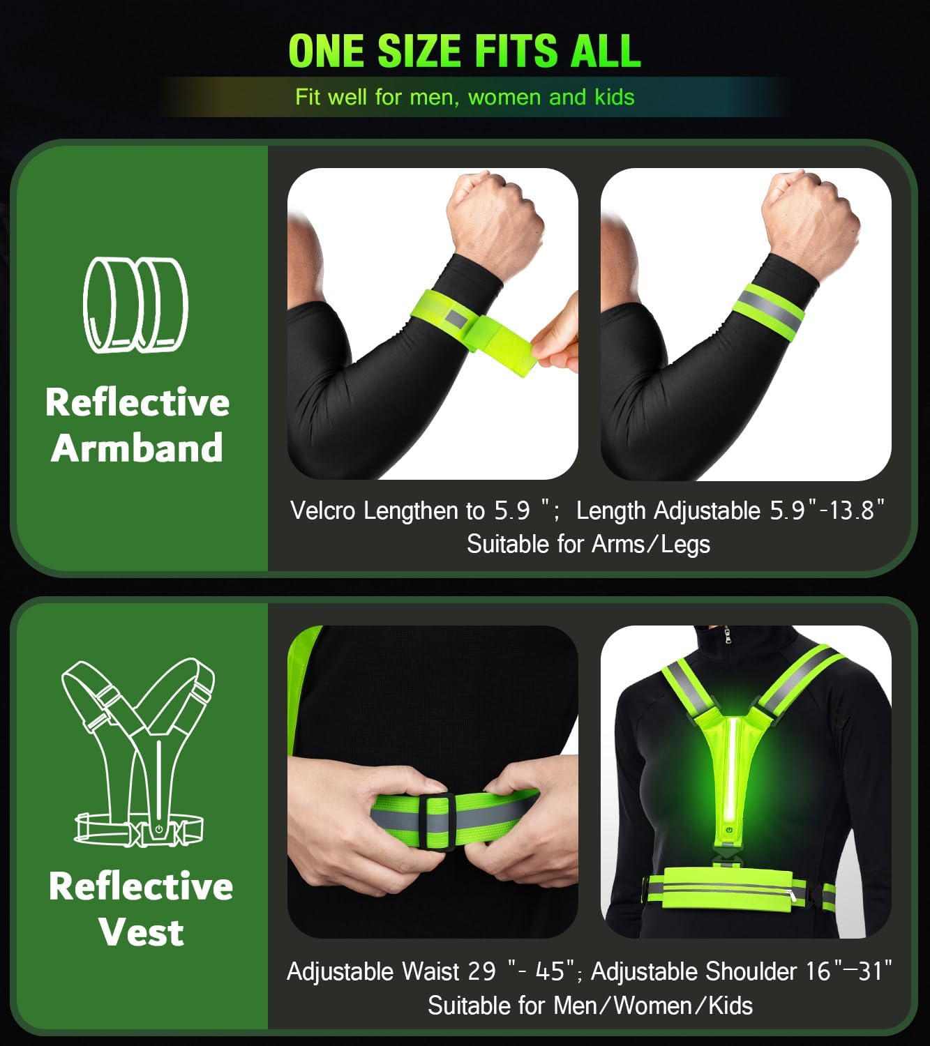 Chaleco reflectante LED para correr, chaleco de correr recargable por USB para corredores, caminatas nocturnas con bolsa impermeable para teléfono,