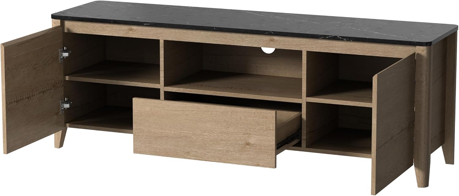 TV Stand with Black Marble Pattern, Entertainment Center for TVS ups to 58 Inch, Media Console with LED with Cabinets and Shelves for Living Room