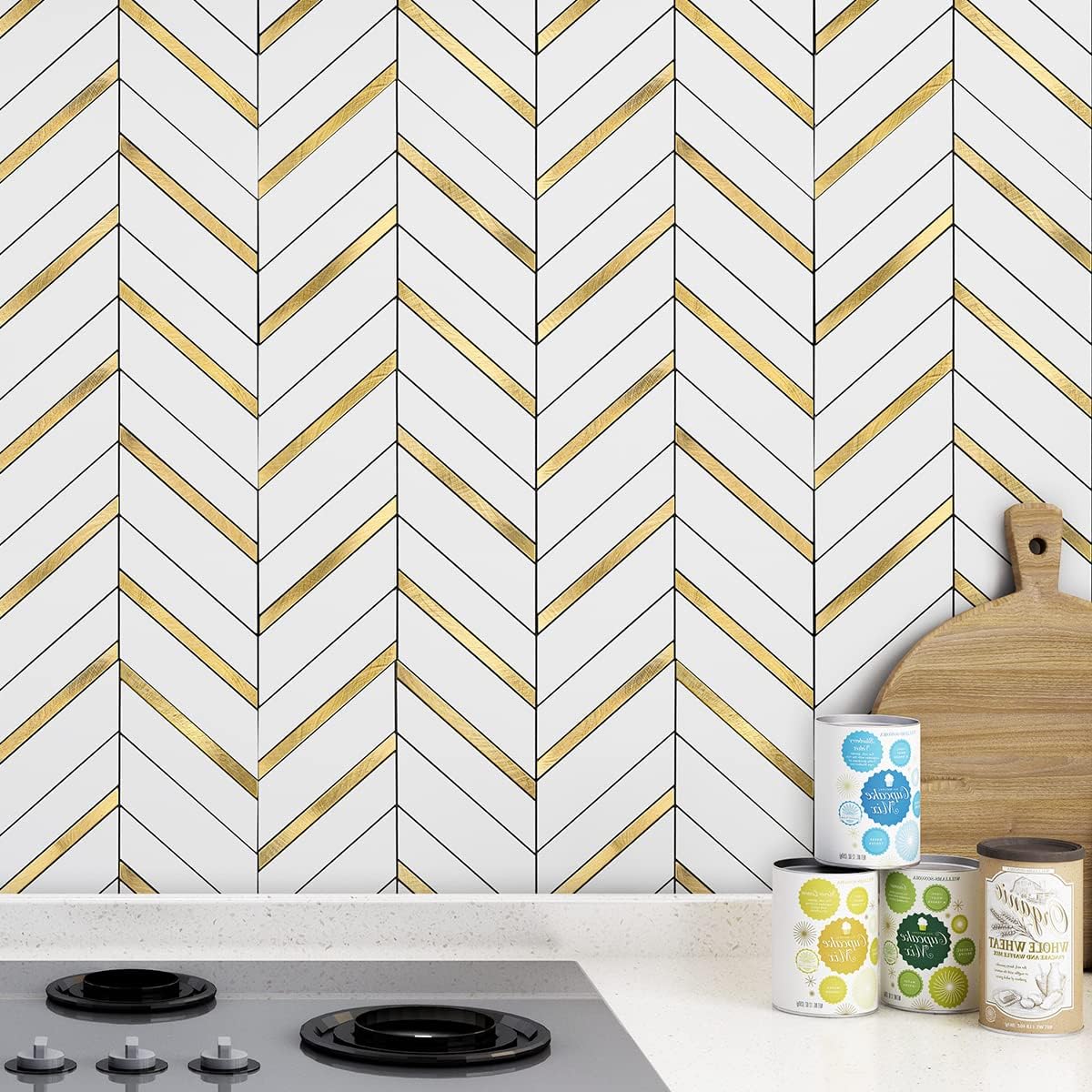 Art3d 1 hoja de espiga para despegar y pegar, azulejos de mármol autoadhesivos para azulejos de pared para cocina, baño. (metal dorado mezclado