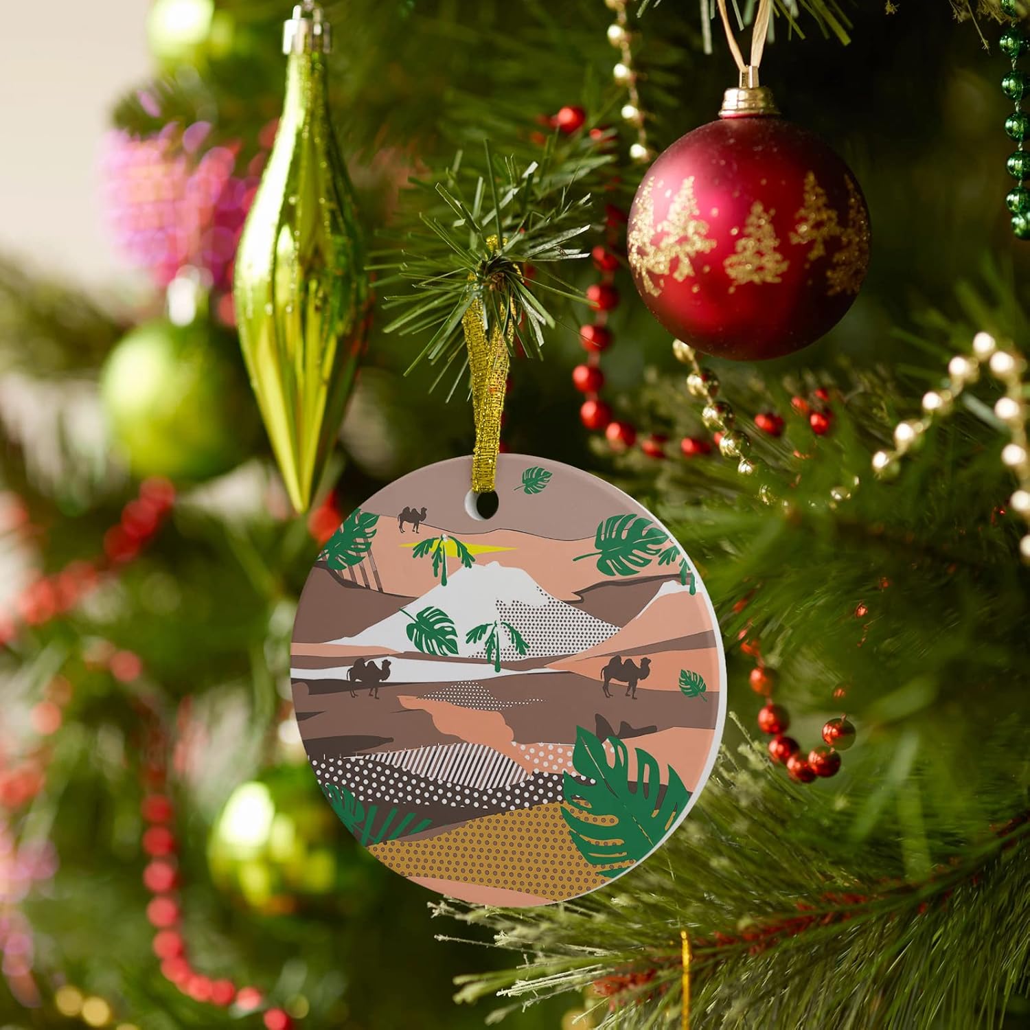 2023 Christmas Ornament Xmas Tree Hanging Accessories,Desert Camel Green Leaf Christmas Tree Round Ceramic Ornaments for Holiday Party Home